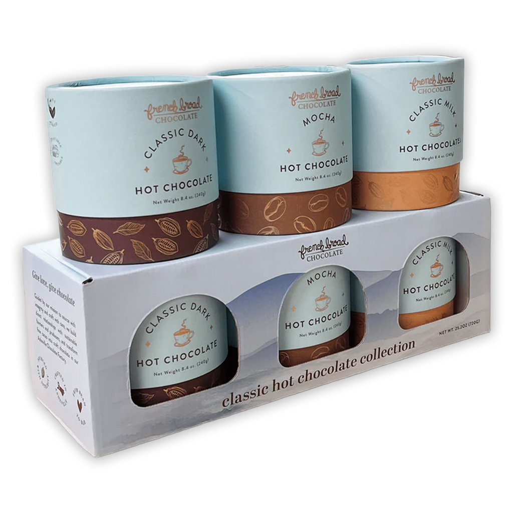 French Broad Classic Hot Chocolate Collection in blue brown cans