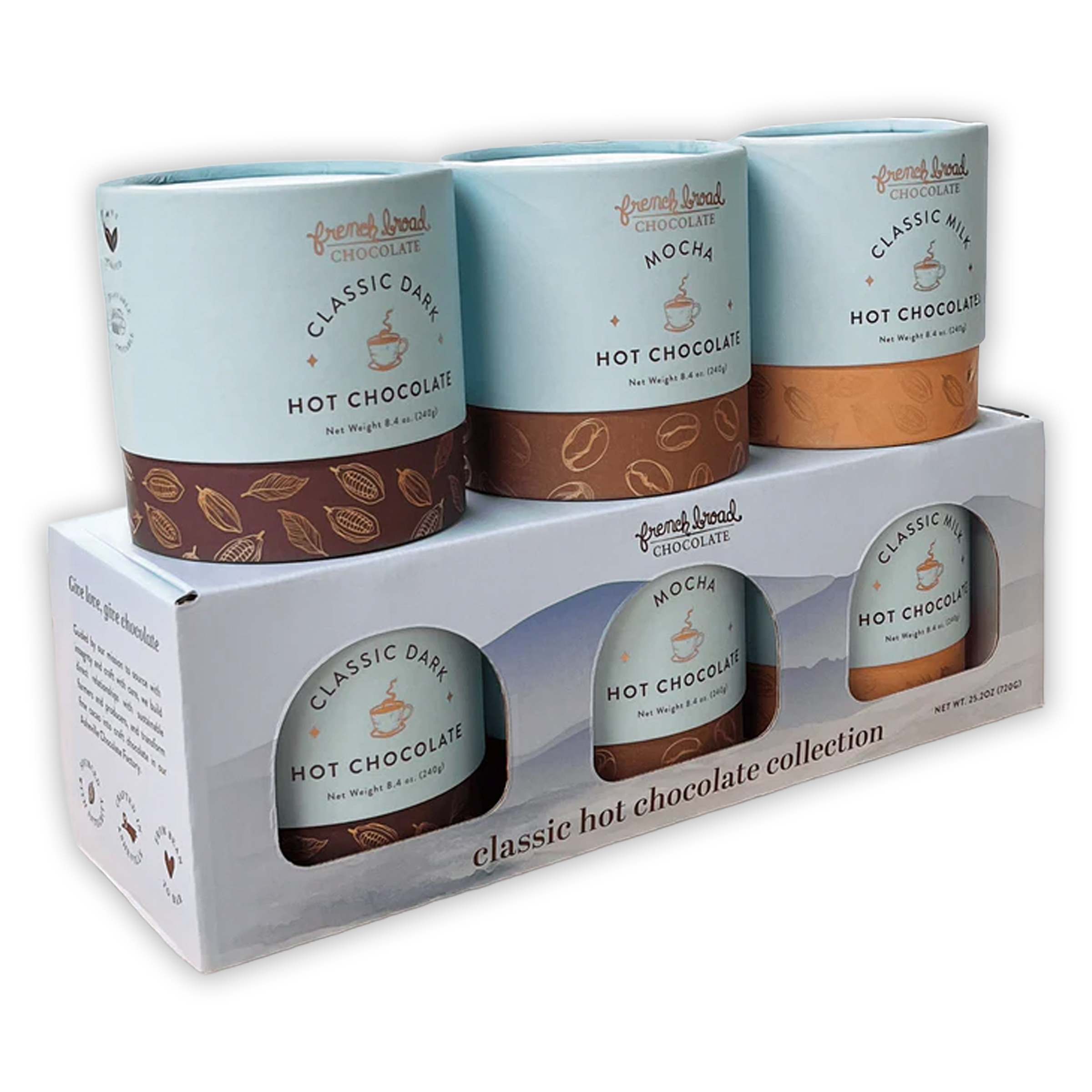 French Broad Classic Hot Chocolate Collection in blue brown cans