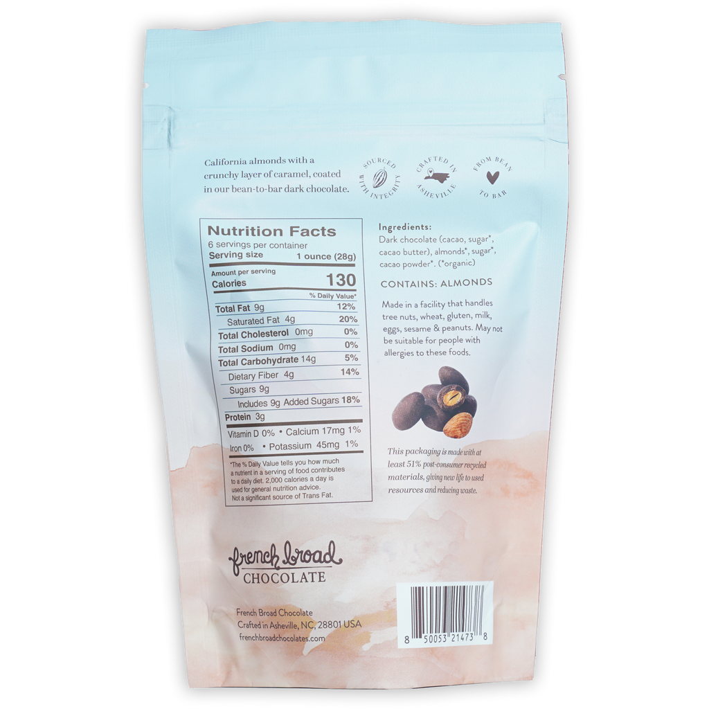 French Broad dark chocolate covered caramelized almonds in light blue pink foil bag