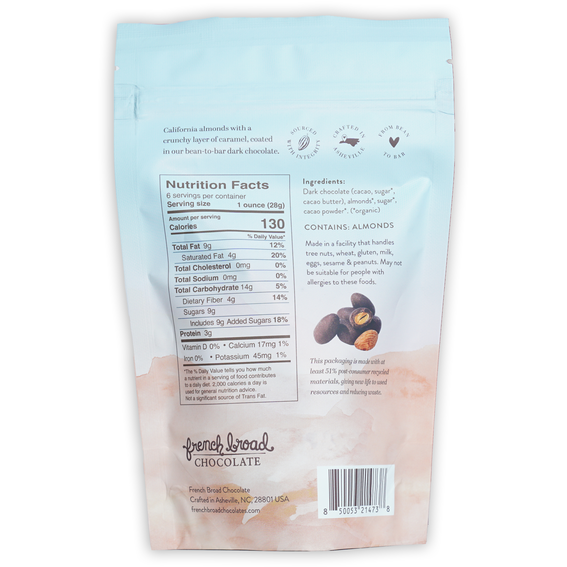 French Broad dark chocolate covered caramelized almonds in light blue pink foil bag