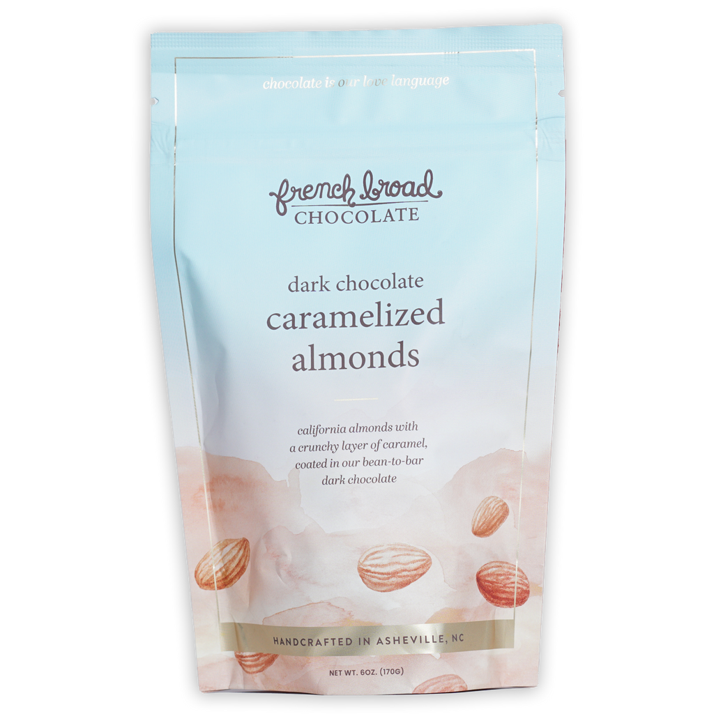 French Broad dark chocolate covered caramelized almonds in blue pouch