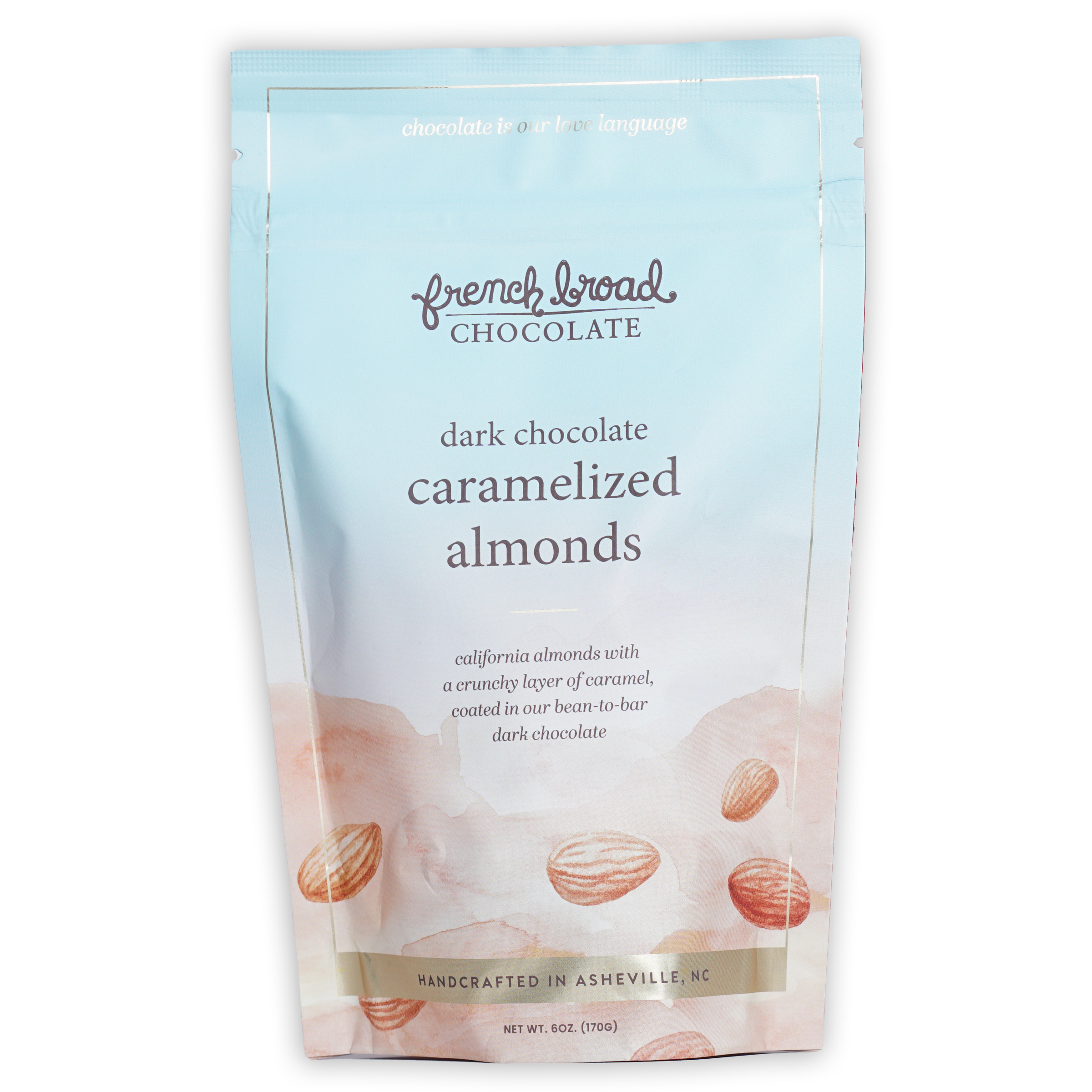 French Broad dark chocolate covered caramelized almonds in blue pouch