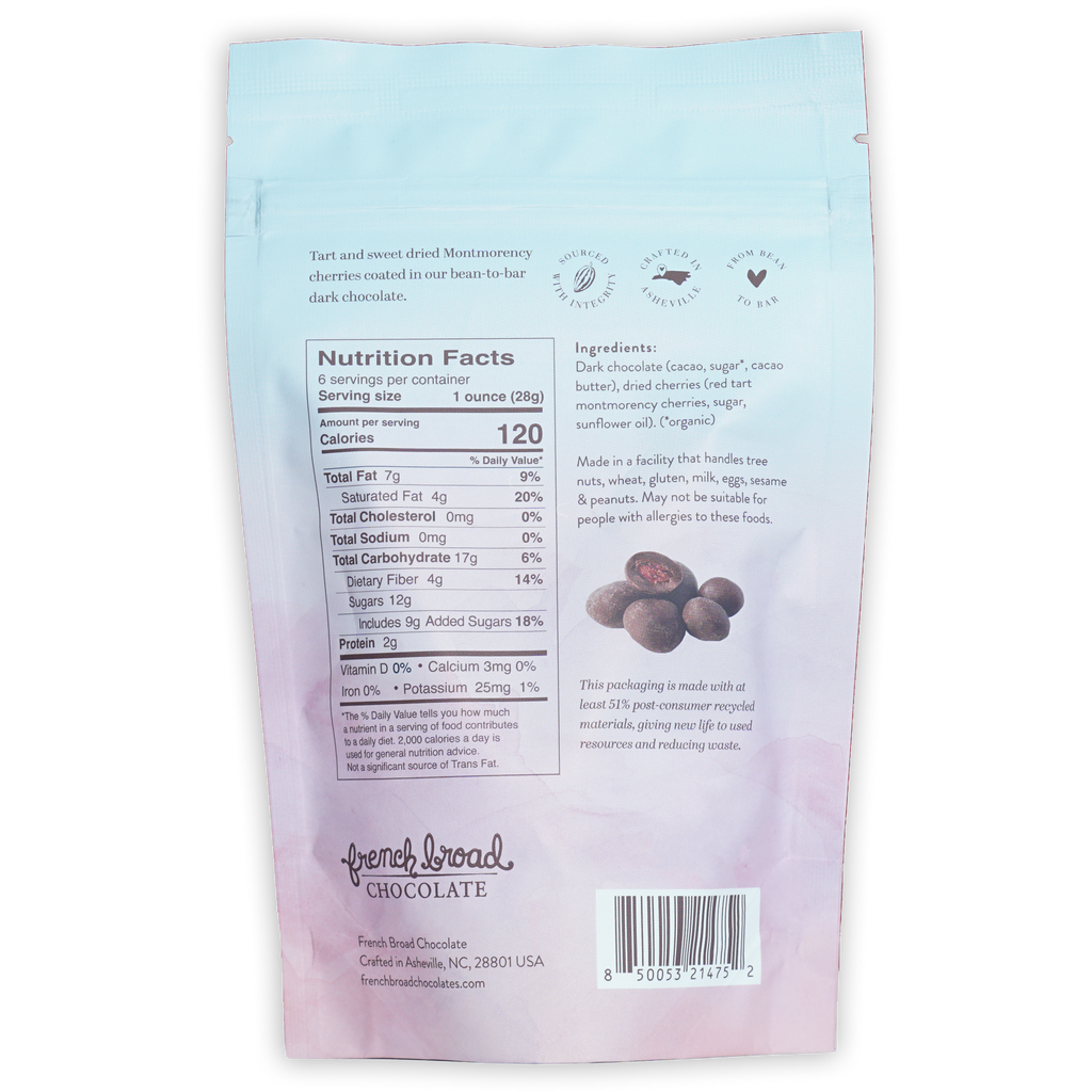 French Broad Dark Chocolate Covered Cherries glossy light blue packaging