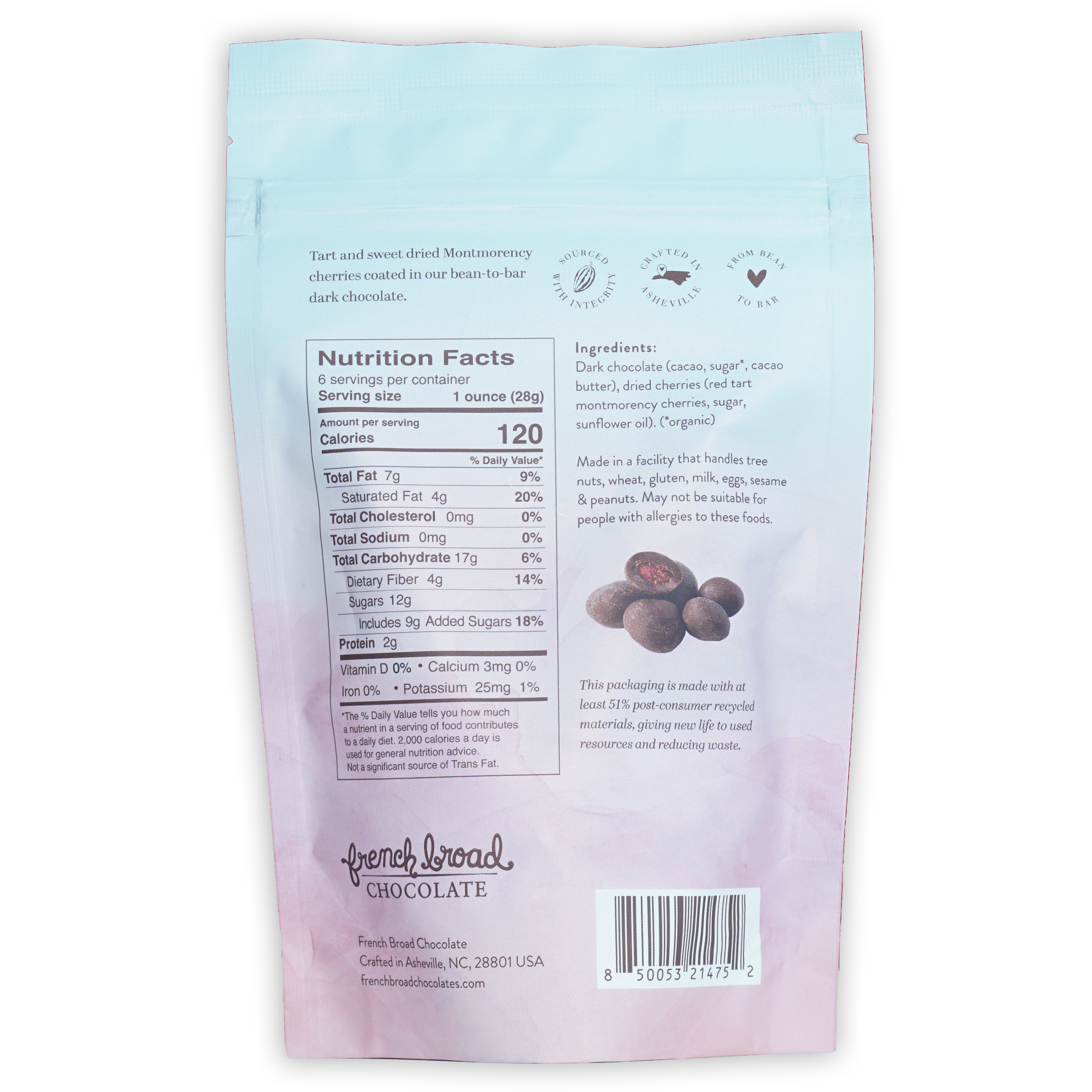 French Broad Dark Chocolate Covered Cherries glossy light blue packaging