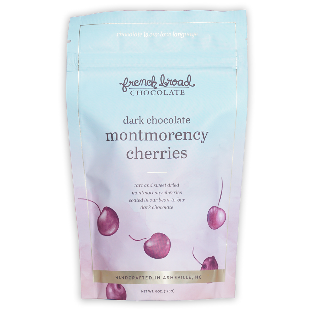 French Broad dark chocolate Montmorency cherries in blue pouch