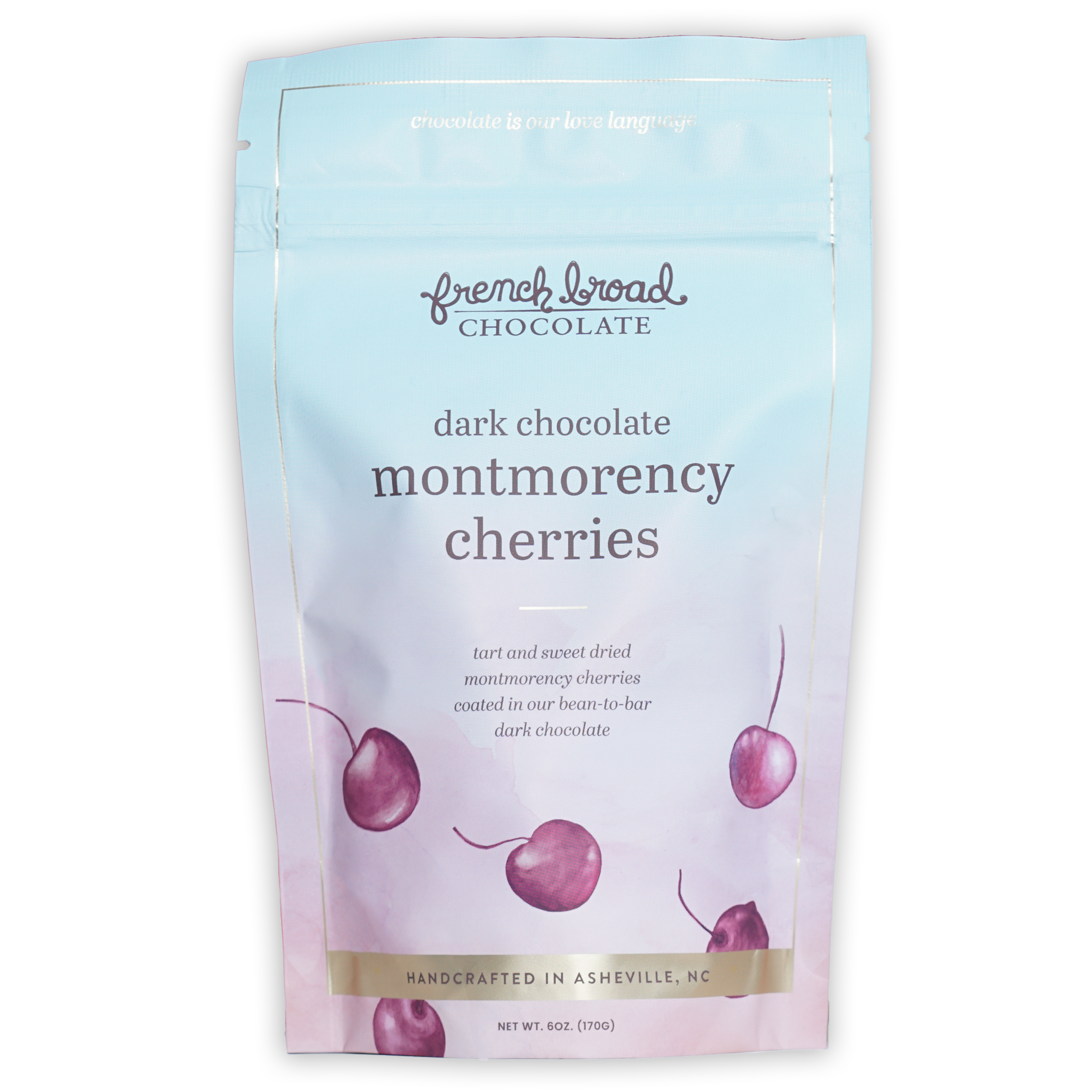 French Broad dark chocolate Montmorency cherries in blue pouch