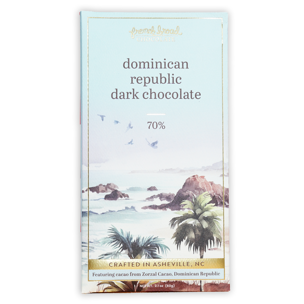 French Broad Dark Chocolate Dominican Republic 70% light blue wrapper with watercolor coastal scene