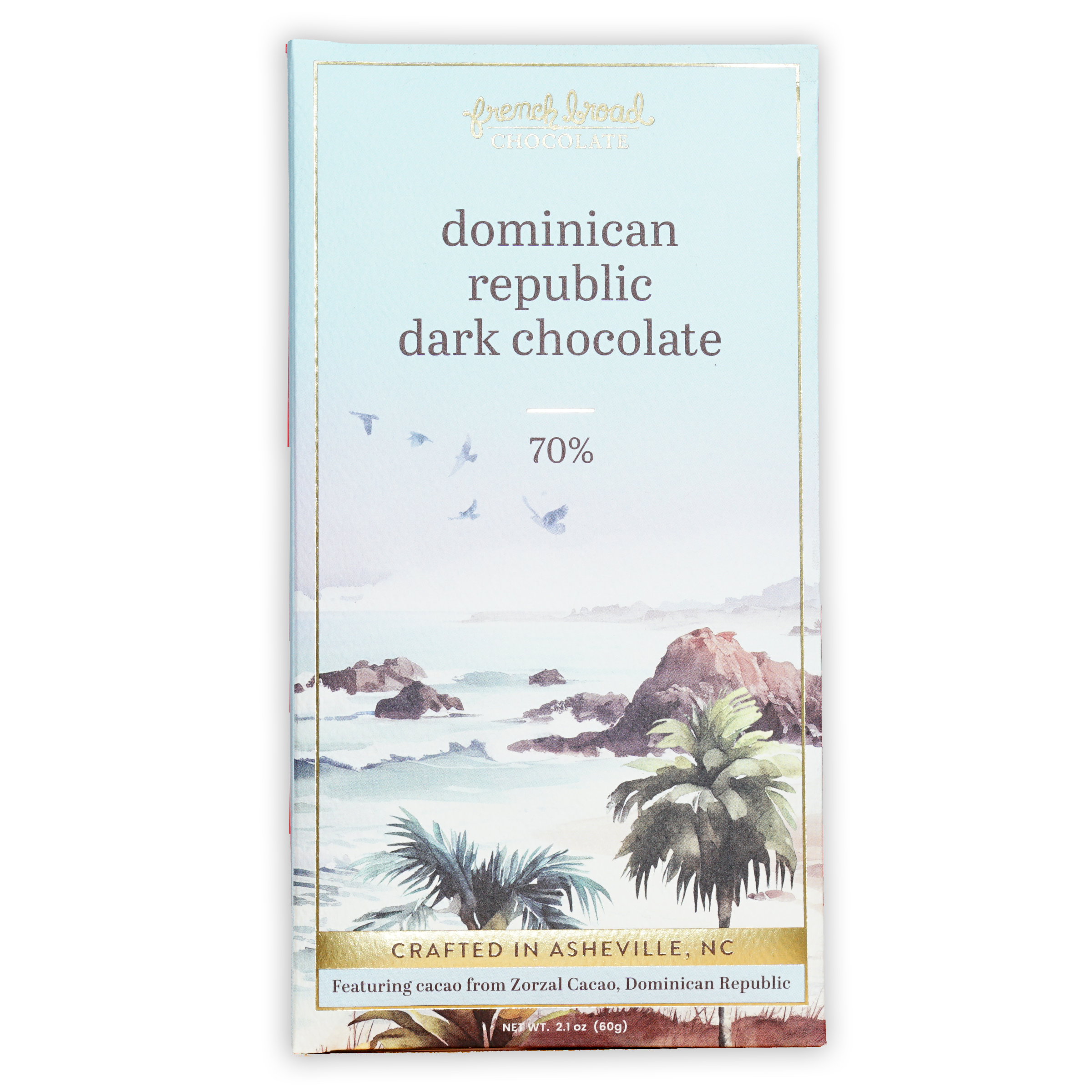 French Broad Dark Chocolate Dominican Republic 70% light blue wrapper with watercolor coastal scene