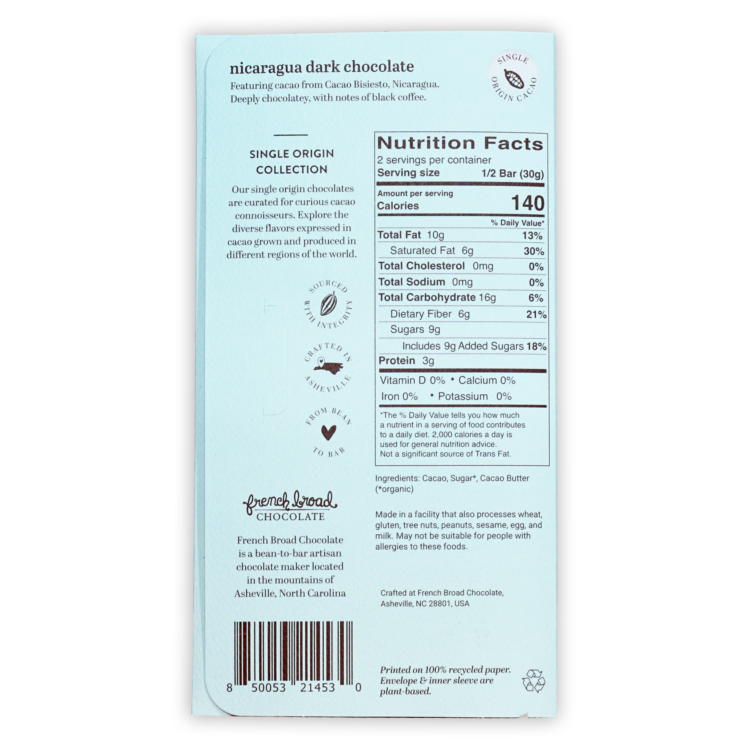 French Broad Nicaragua dark chocolate bar 70% light blue package