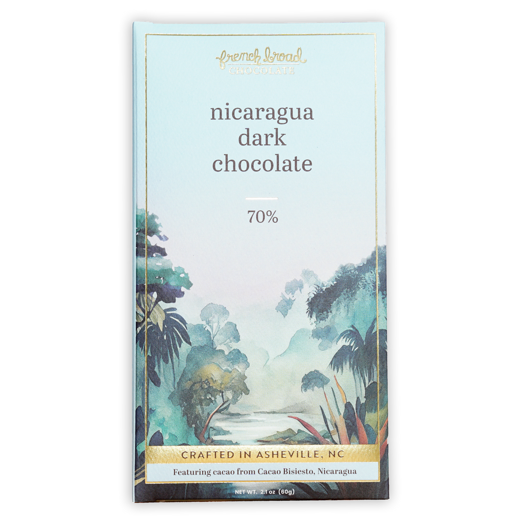 French Broad Nicaragua dark chocolate bar 70% cacao in blue gold foil