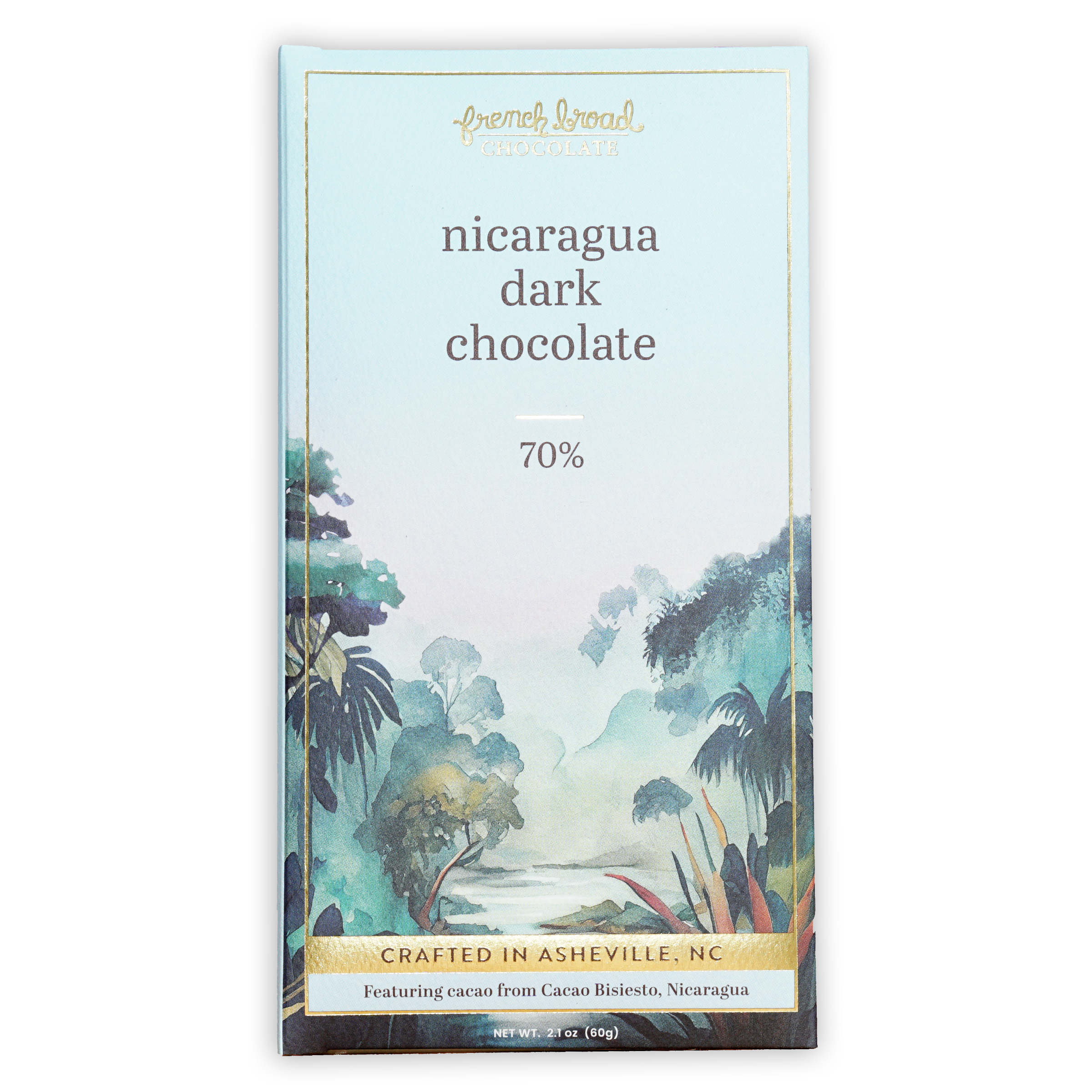 French Broad Nicaragua dark chocolate bar 70% cacao in blue gold foil