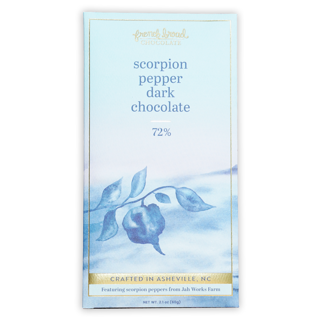 French Broad Dark Chocolate w/ Scorpion Pepper 72% bar in blue wrapper