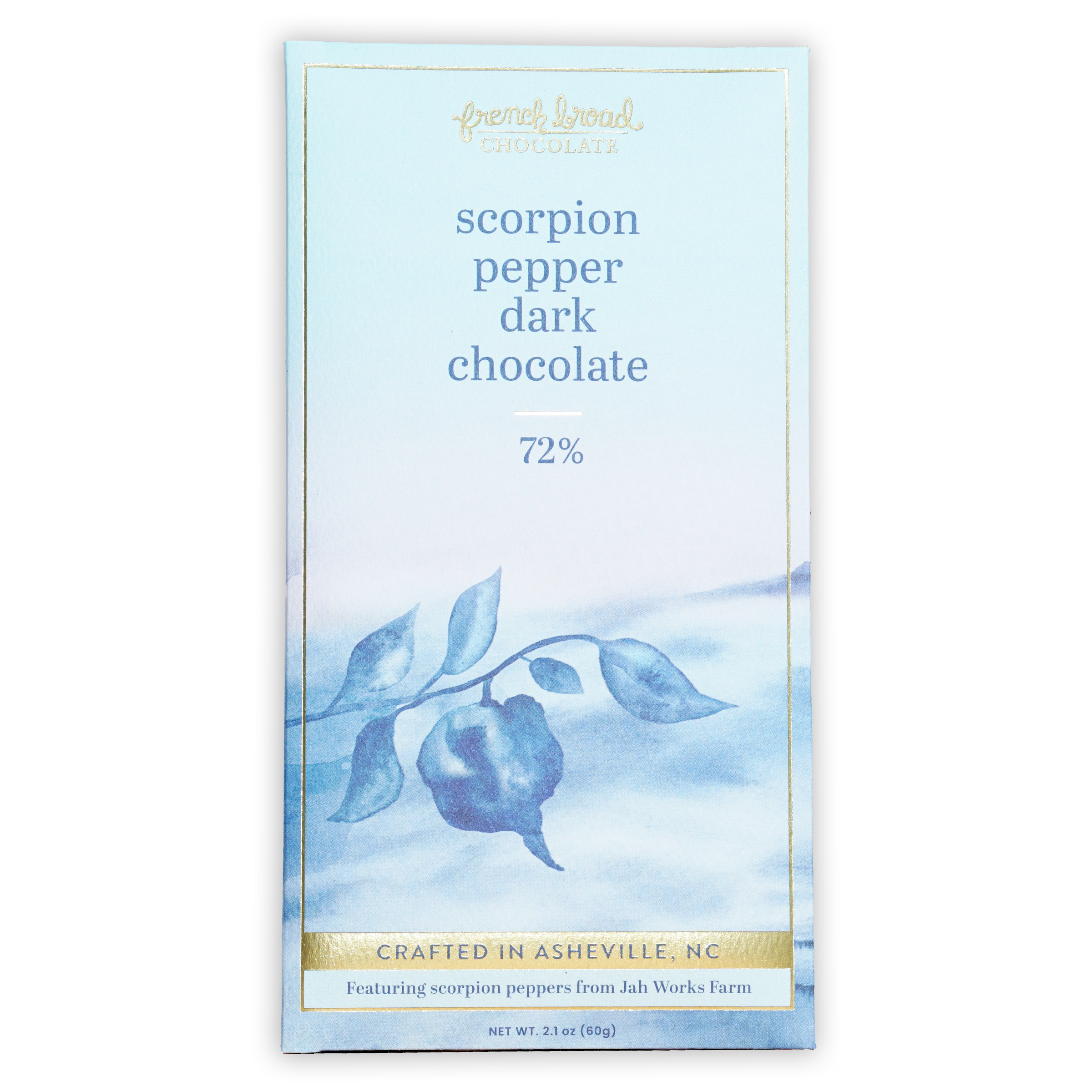 French Broad Dark Chocolate w/ Scorpion Pepper 72% bar in blue wrapper