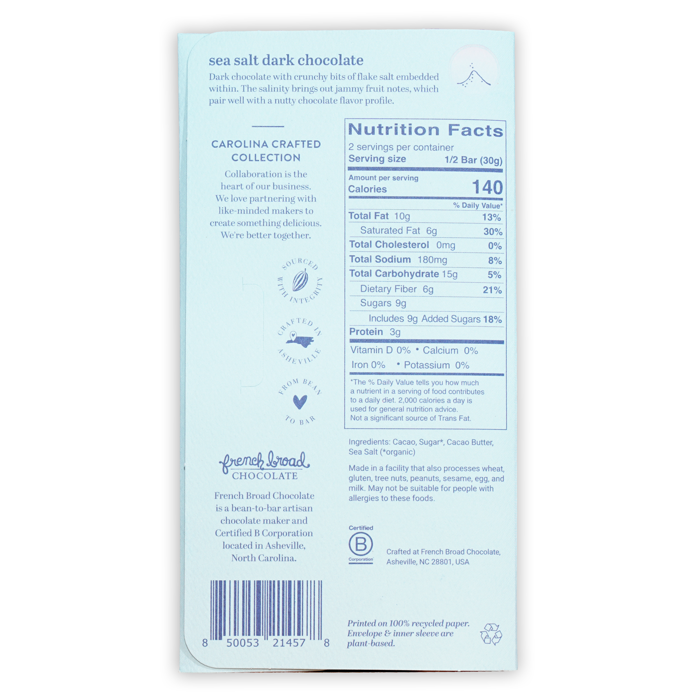 French Broad Dark Chocolate w/ Sea Salt 70% light blue wrapper