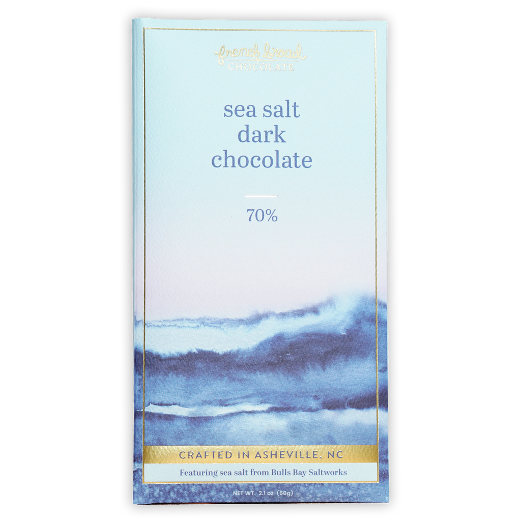 French Broad 70% dark chocolate bar with sea salt, french vanilla watercolor waves
