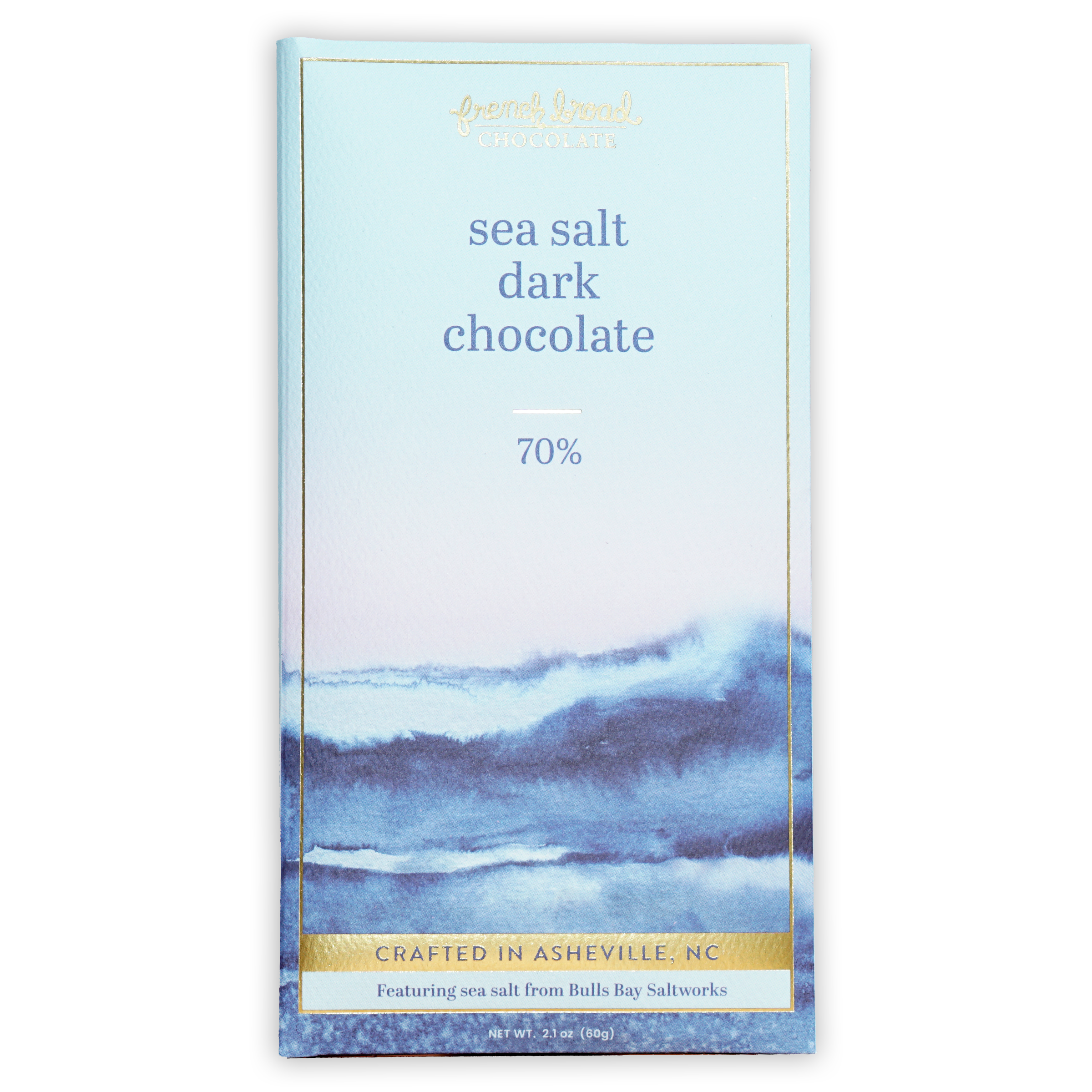 French Broad 70% dark chocolate bar with sea salt, french vanilla watercolor waves