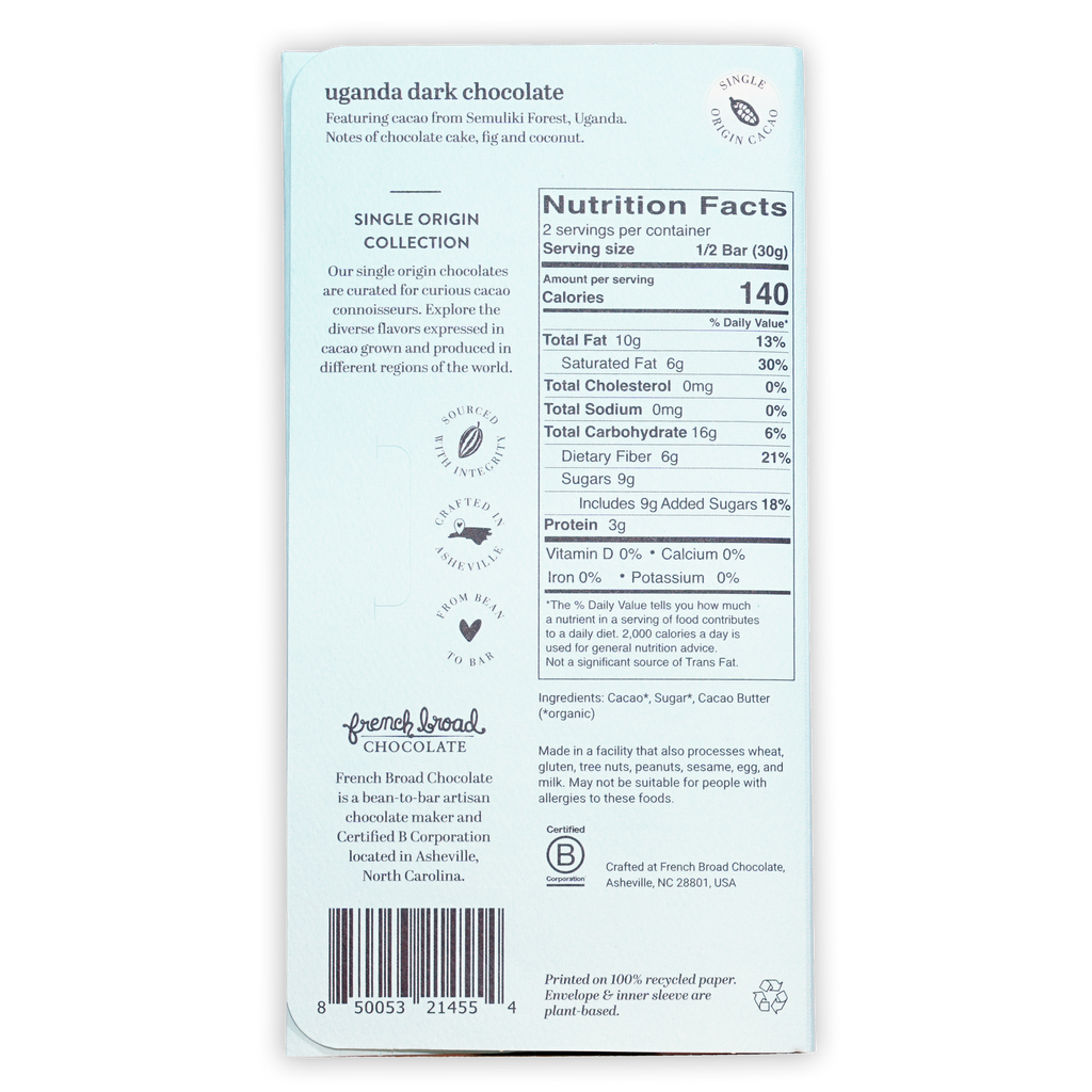 French Broad Dark Chocolate Uganda 70% bar, light blue single-origin from Semuliki Forest