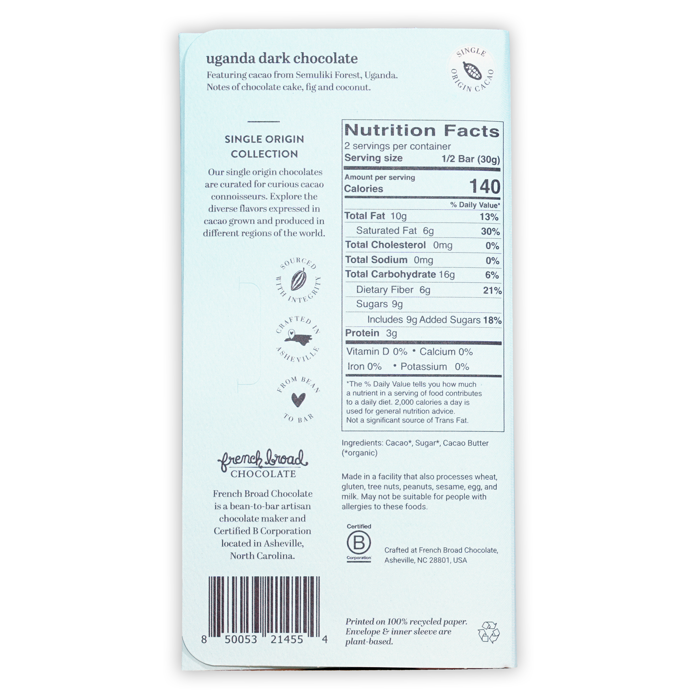 French Broad Dark Chocolate Uganda 70% bar, light blue single-origin from Semuliki Forest