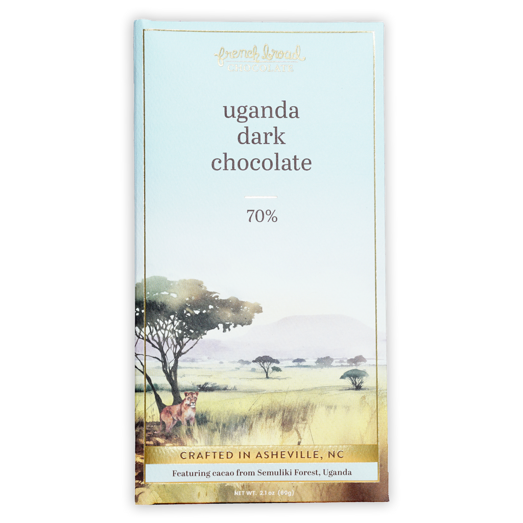 French Broad Dark Chocolate Uganda 70% bar in savanna foil wrapper