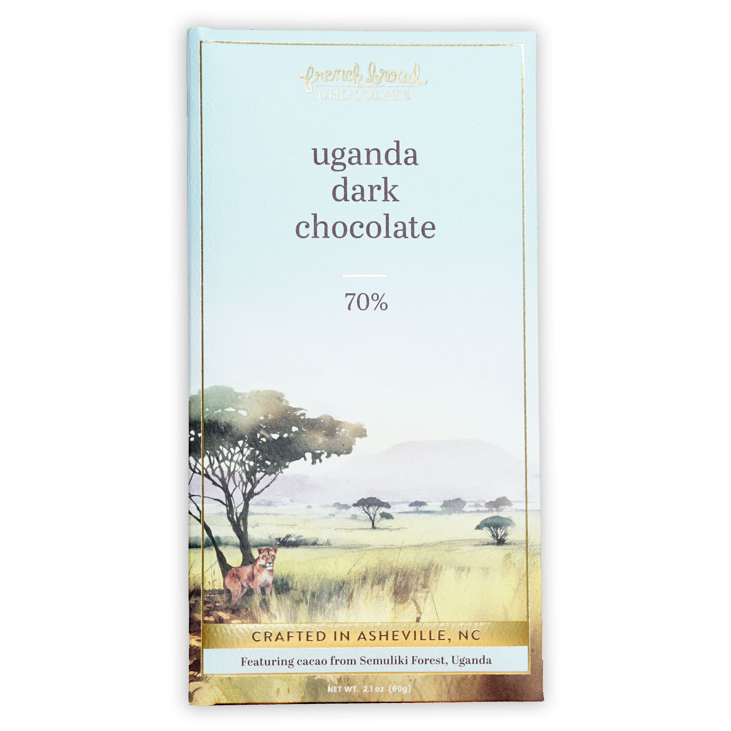 French Broad Dark Chocolate Uganda 70% bar in savanna foil wrapper