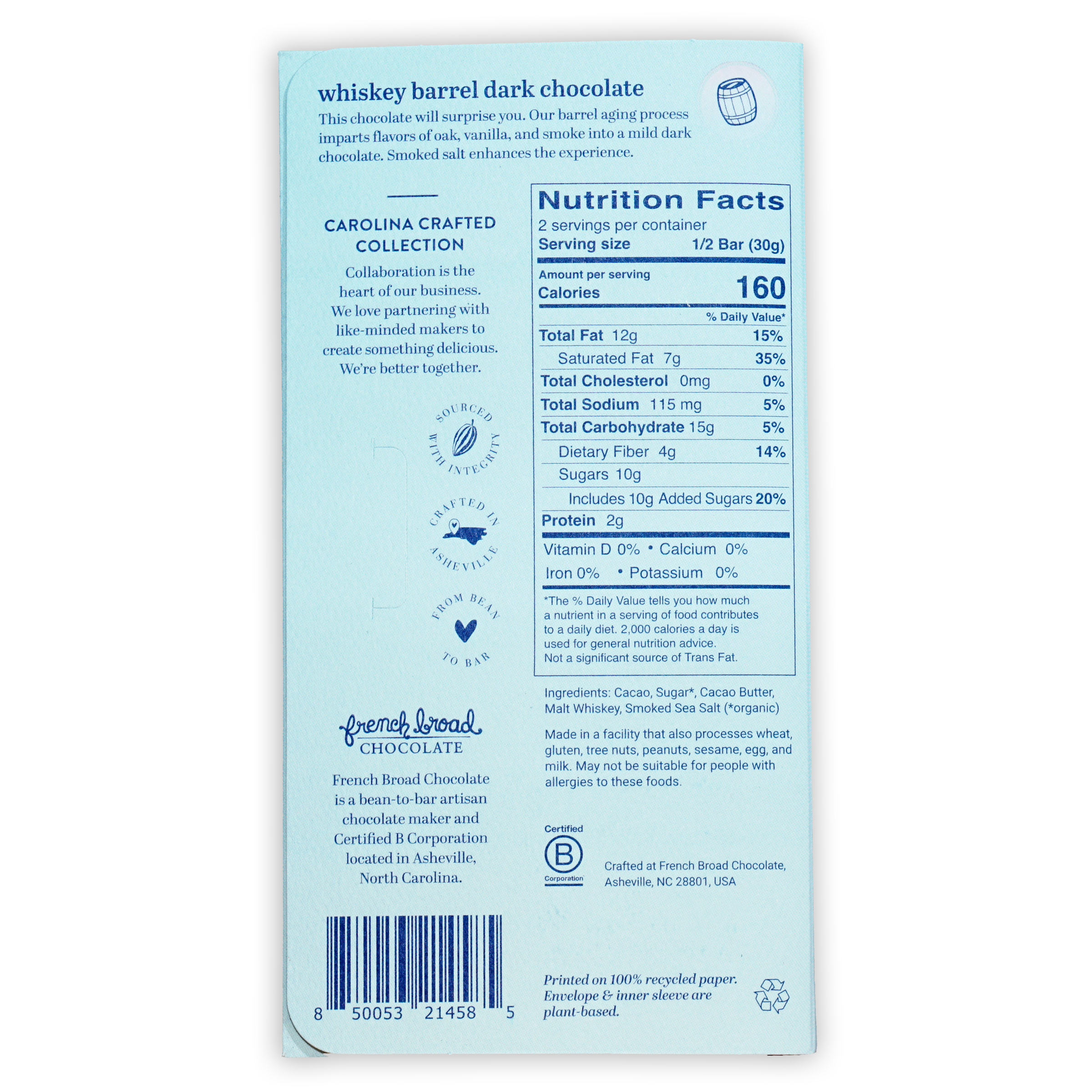 French Broad Dark Chocolate Whiskey Barrel 69% light blue wrapper back