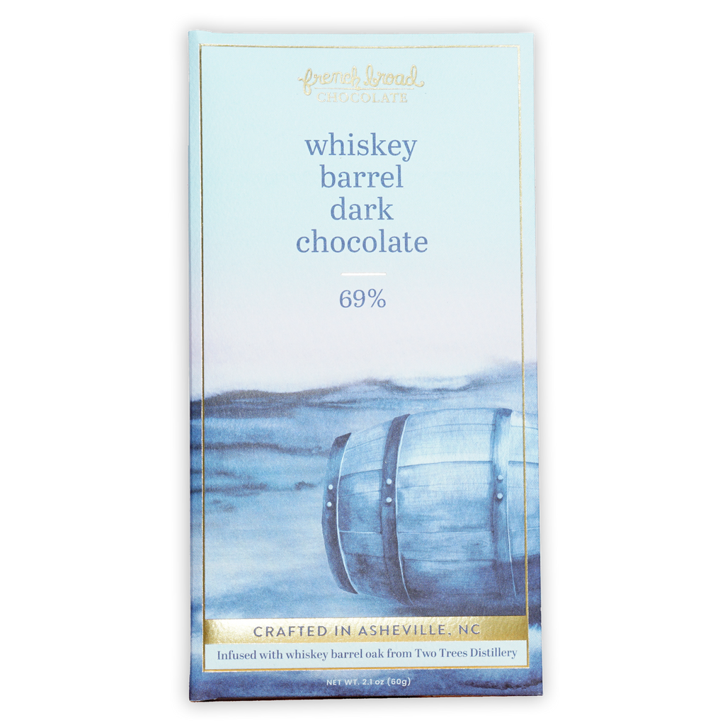 French Broad 69% Dark Chocolate Whiskey Barrel bar with blue gold wrapper