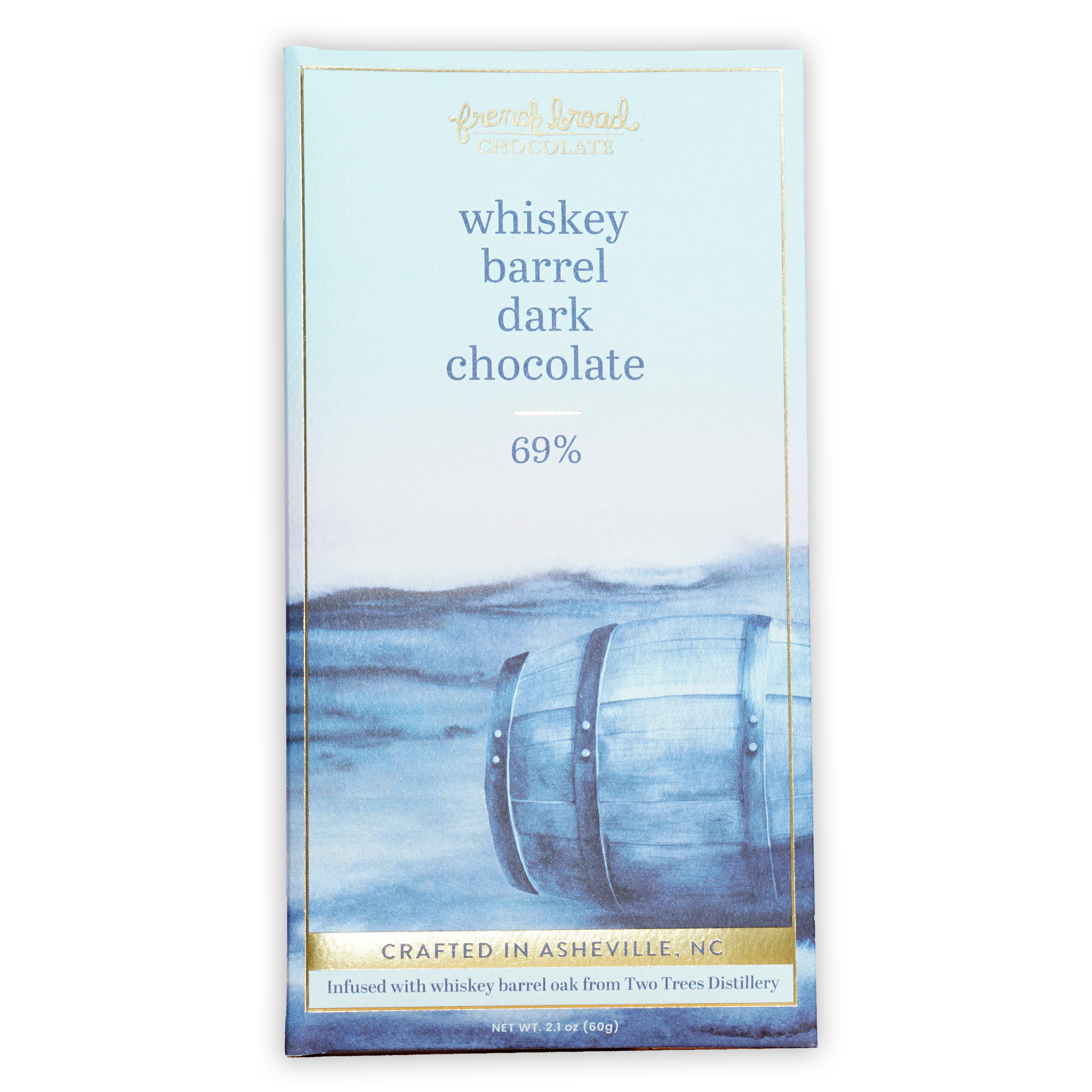 French Broad 69% Dark Chocolate Whiskey Barrel bar with blue gold wrapper