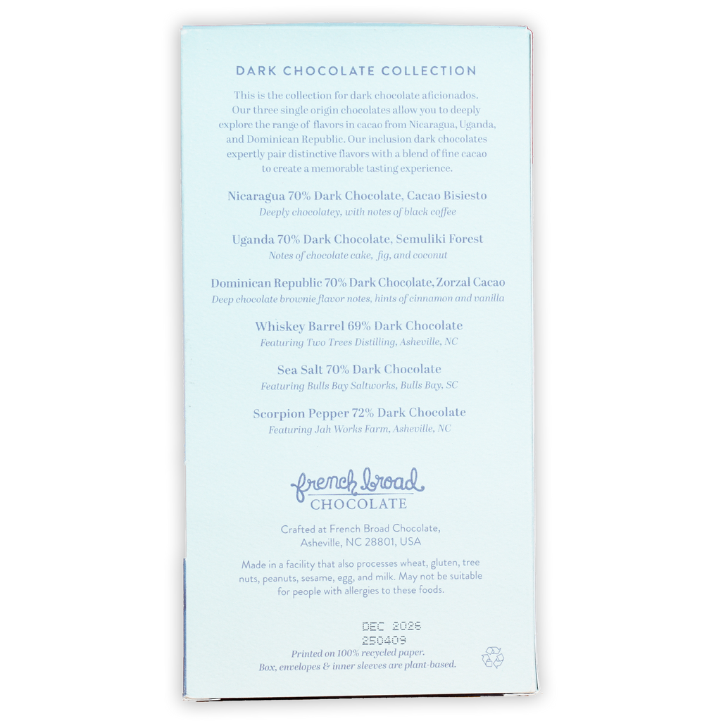 French Broad Chocolate Dark 6 Bar Gift Set packaging with single-origin 70% dark chocolates