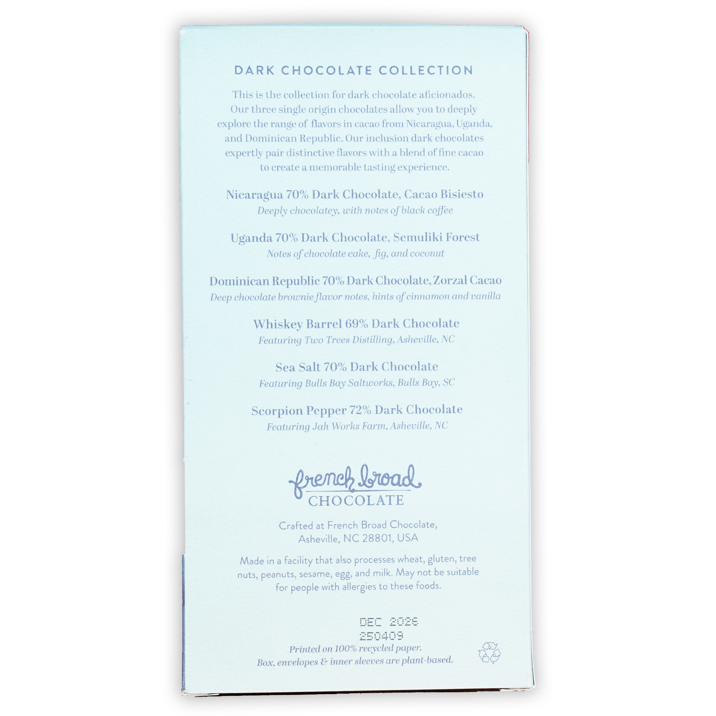French Broad Chocolate Dark 6 Bar Gift Set packaging with single-origin 70% dark chocolates