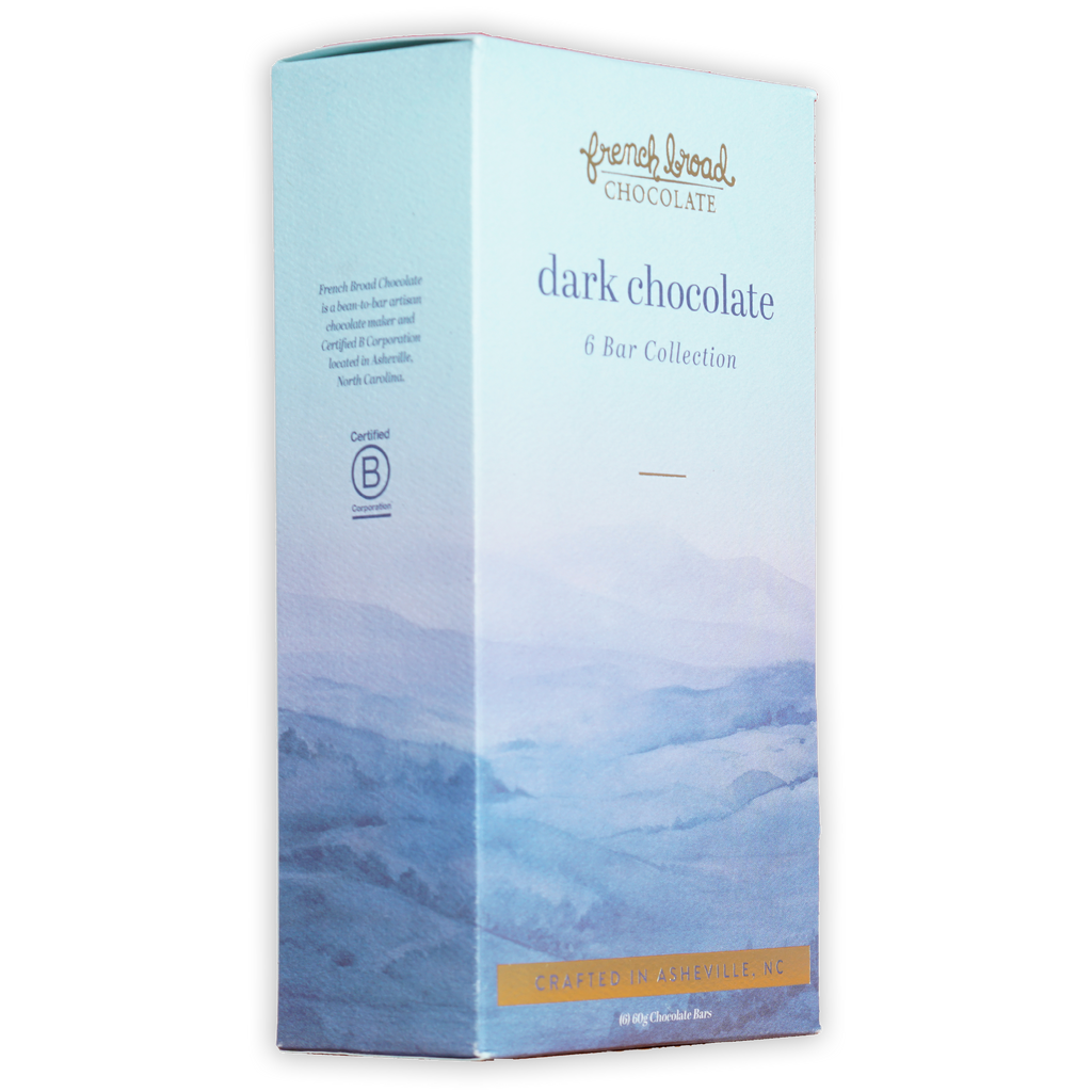 French Broad Chocolate Dark 6 Bar Gift Set in light blue box with mountain design