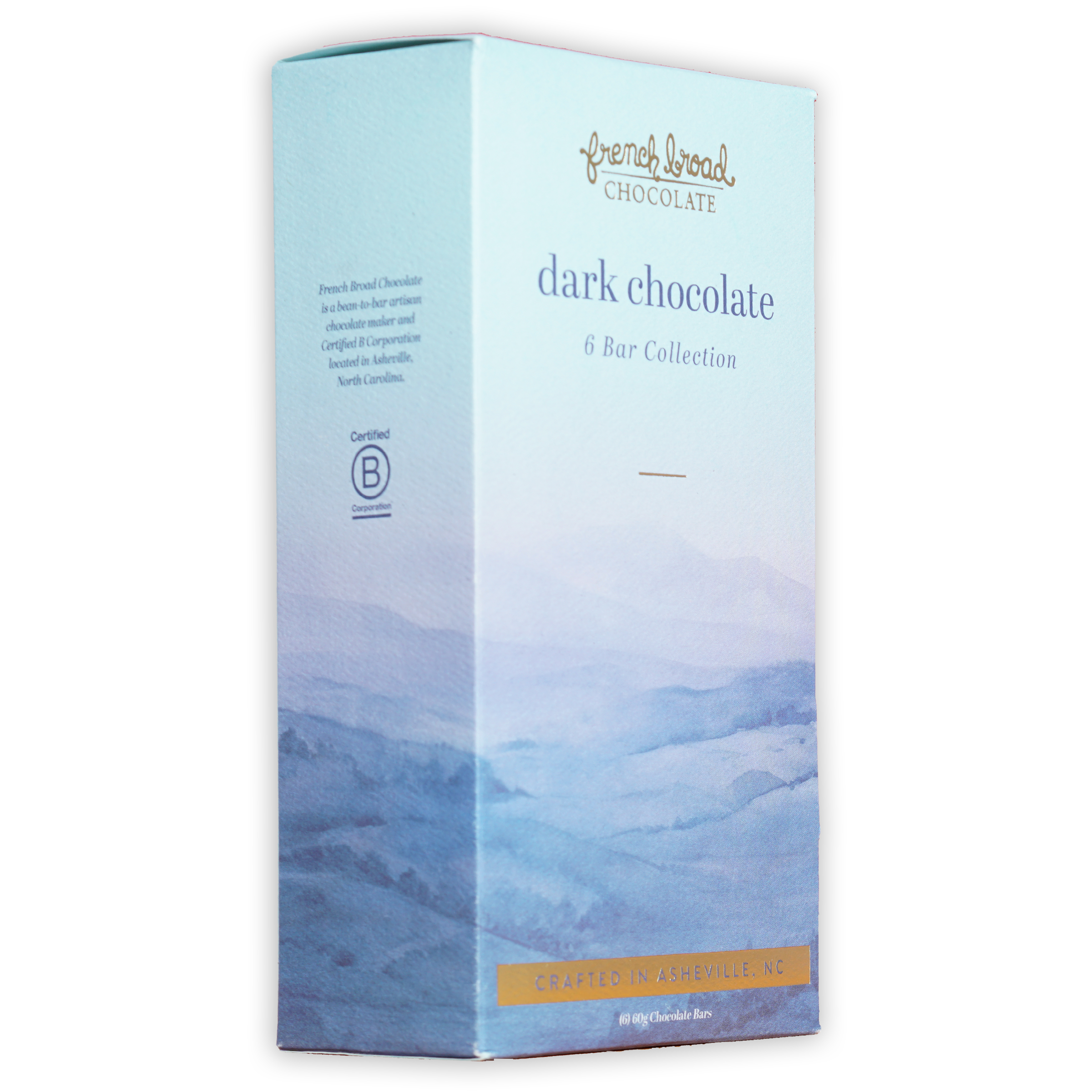 French Broad Chocolate Dark 6 Bar Gift Set in light blue box with mountain design