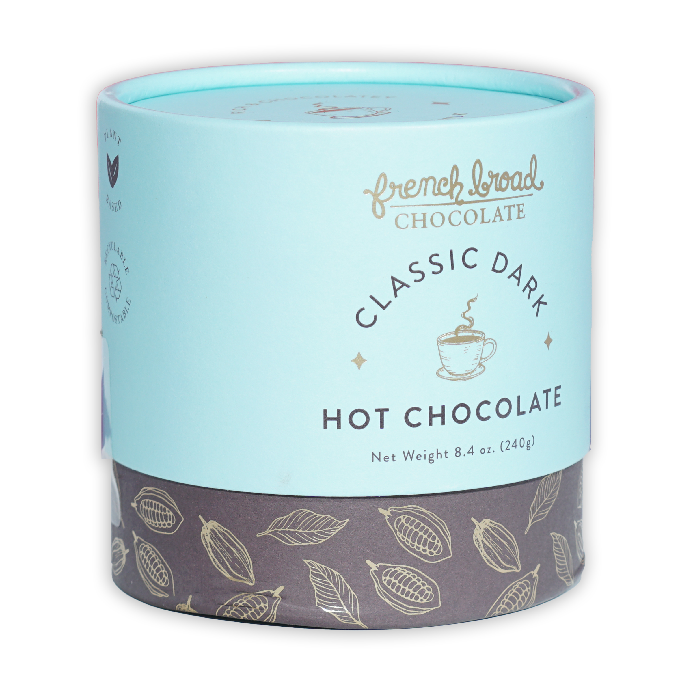 French Broad Dark Hot Chocolate Mix in light blue cylindrical can