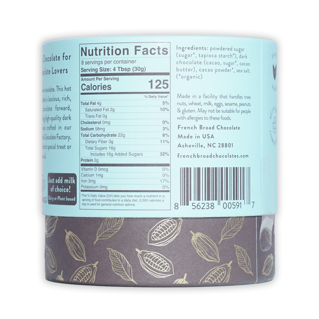 French Broad Dark Hot Chocolate Mix in cylindrical container