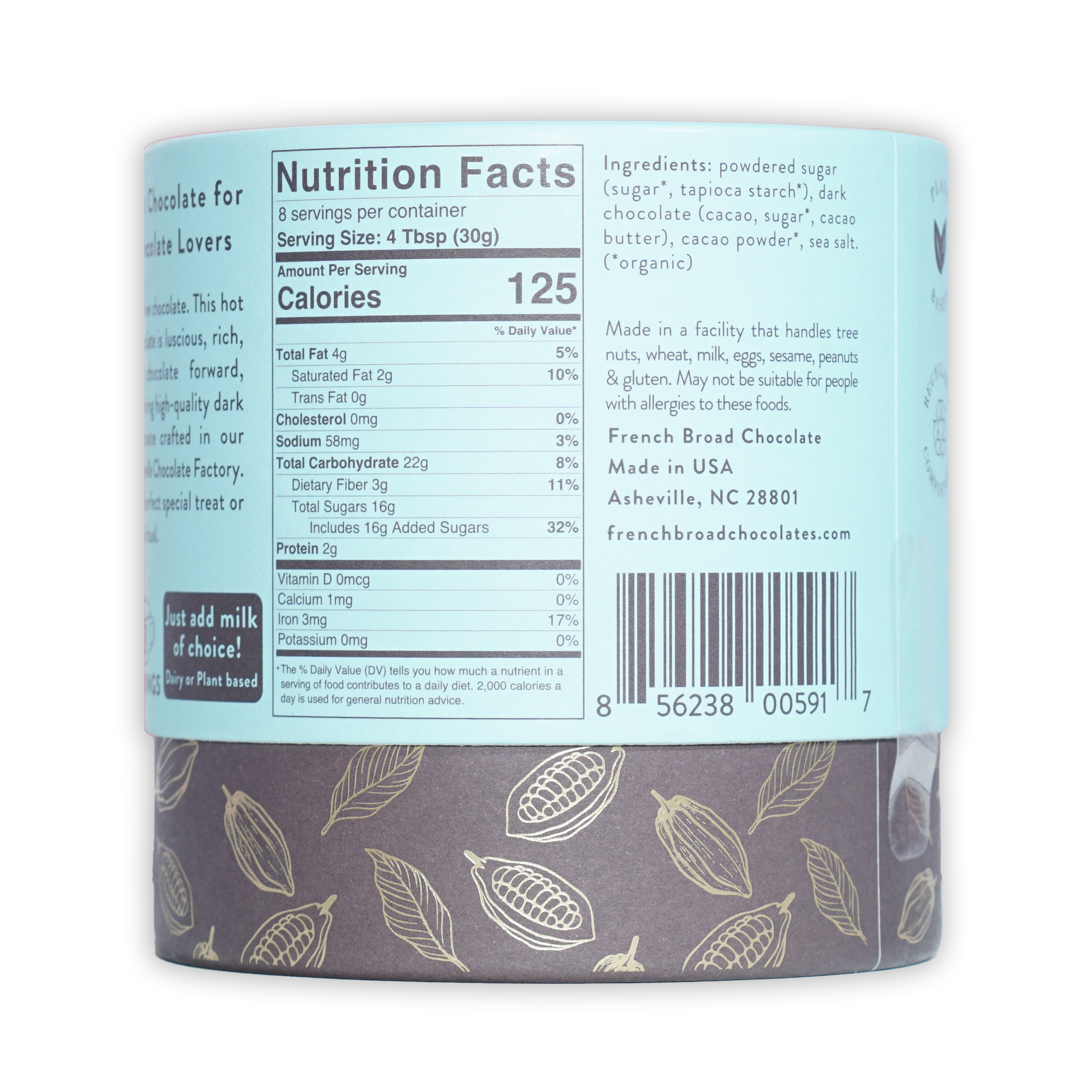 French Broad Dark Hot Chocolate Mix in cylindrical container
