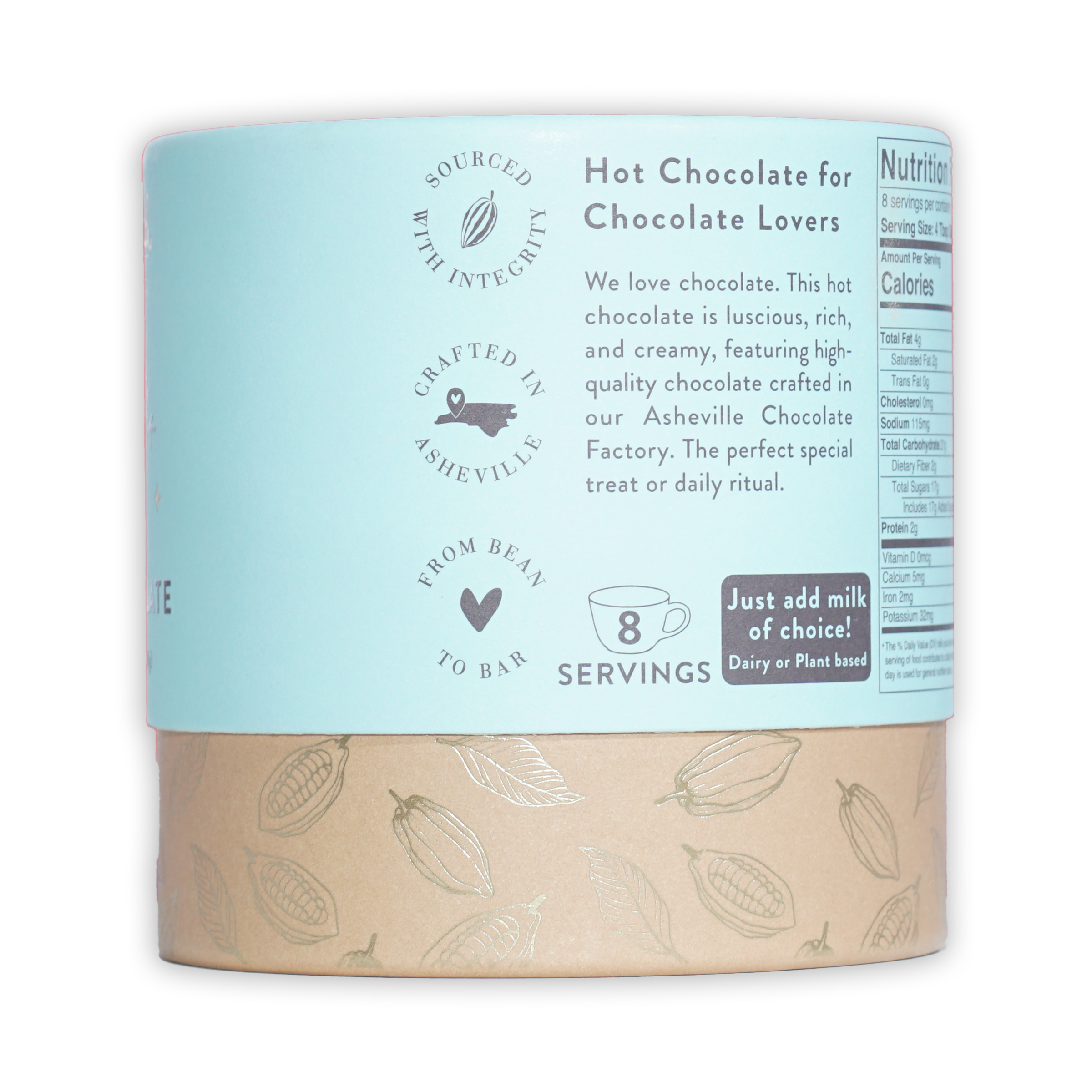 French Broad Milk Hot Chocolate Mix light blue cylindrical can with cocoa pod band