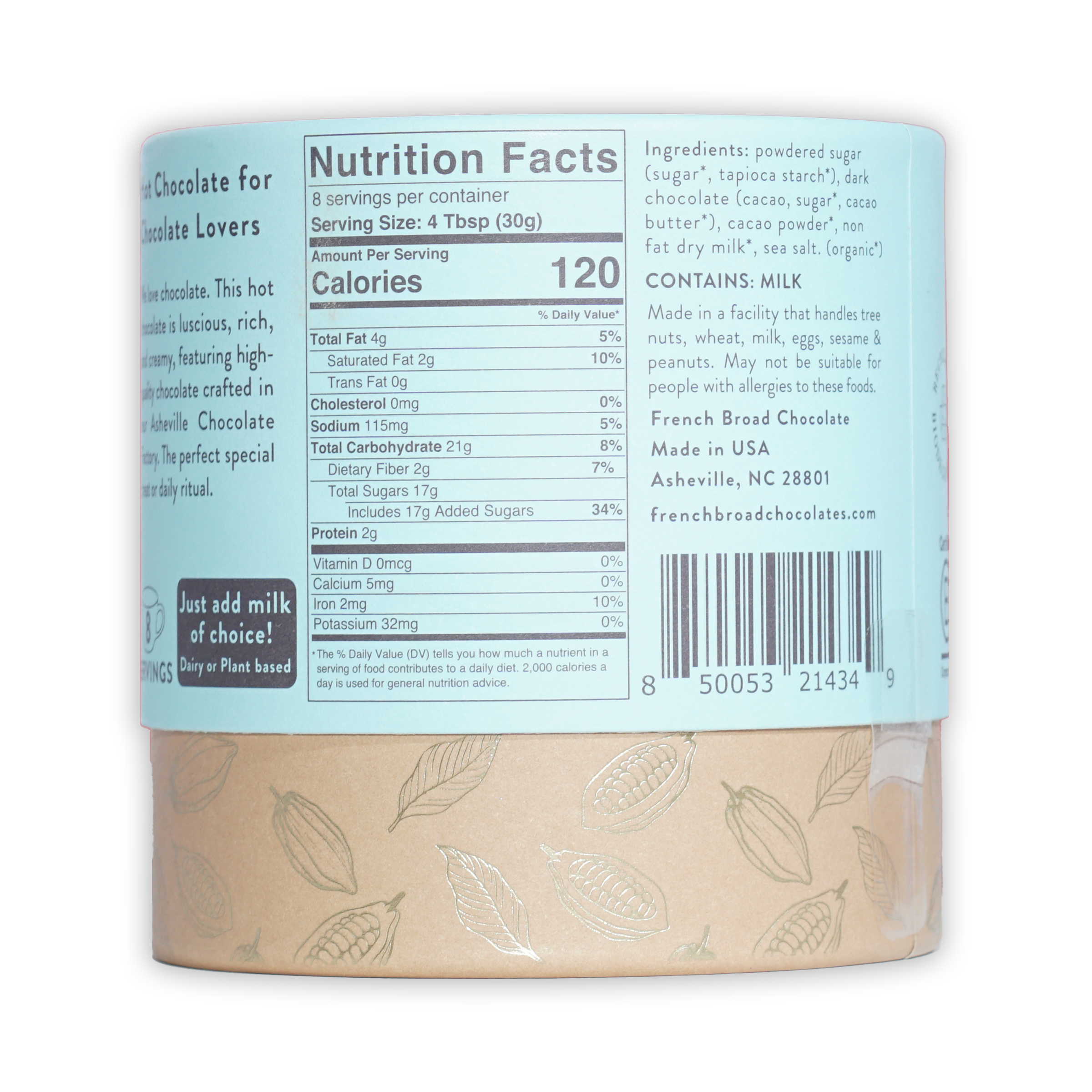 French Broad Milk Hot Chocolate Mix light beige matte cylinder with silver cocoa pod leaf patterns