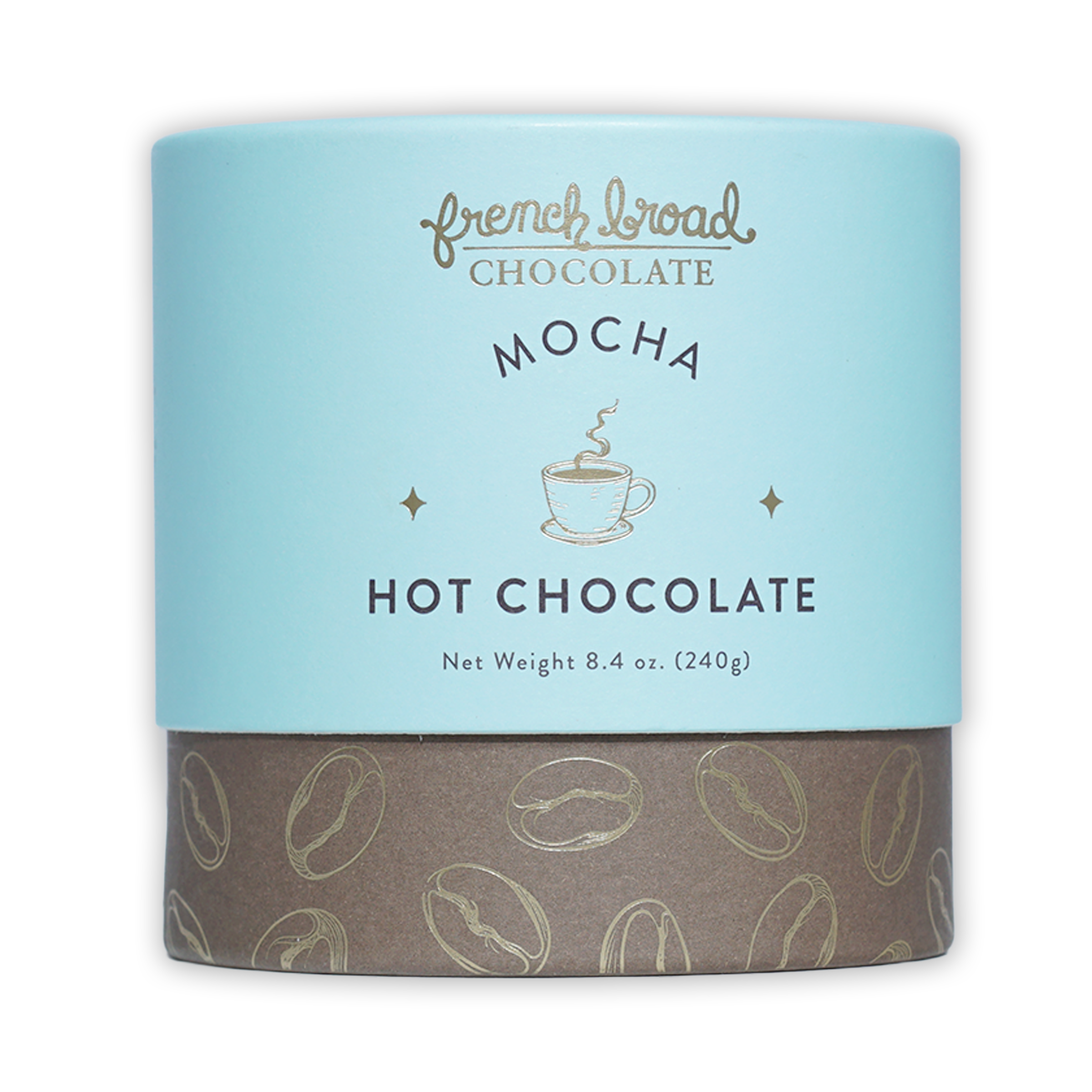 French Broad Mocha Hot Chocolate in blue-brown canister with coffee beans
