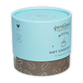 French Broad Mocha Hot Chocolate in light blue cylinder with coffee beans