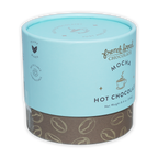 French Broad Mocha Hot Chocolate in light blue cylinder with coffee beans