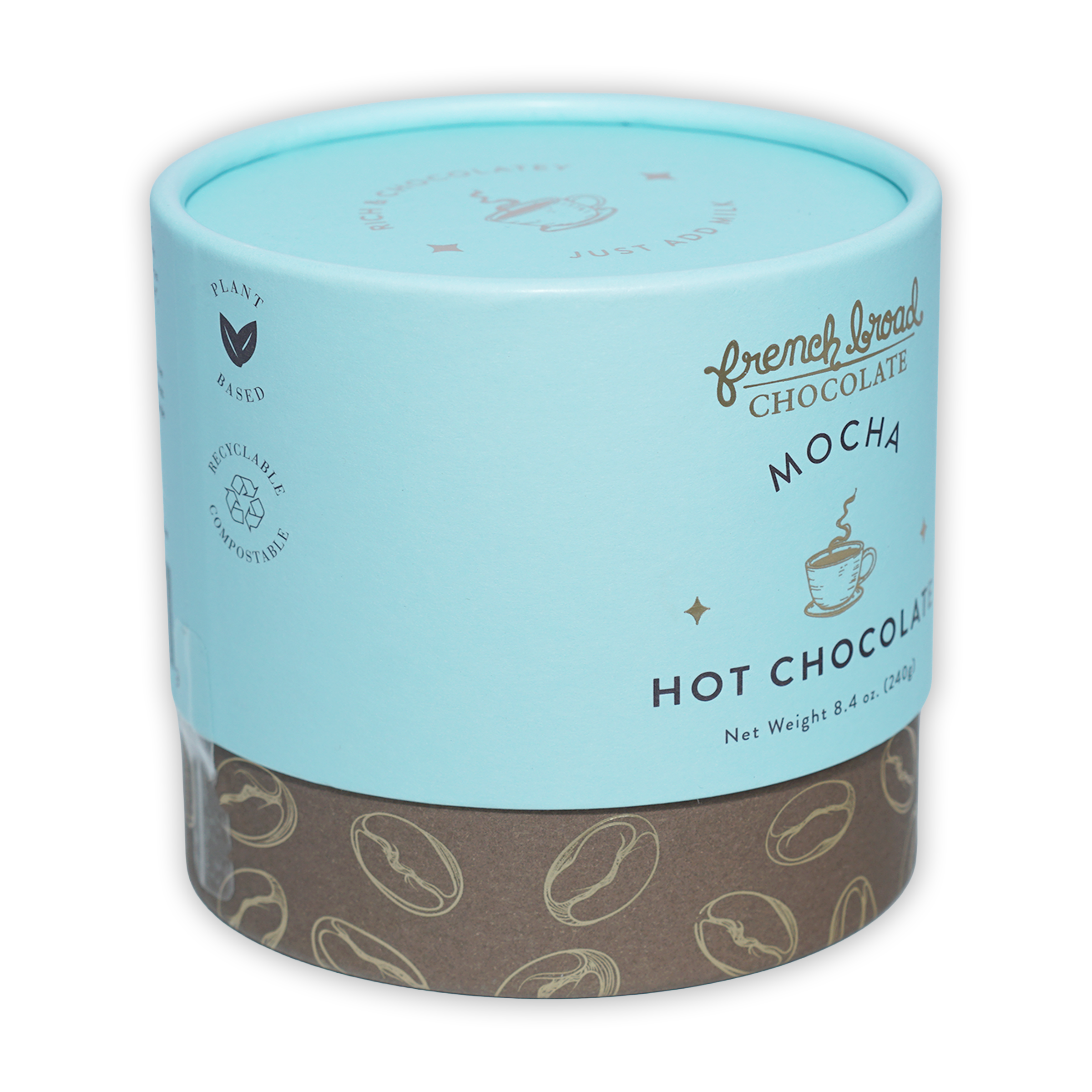 French Broad Mocha Hot Chocolate in light blue cylinder with coffee beans