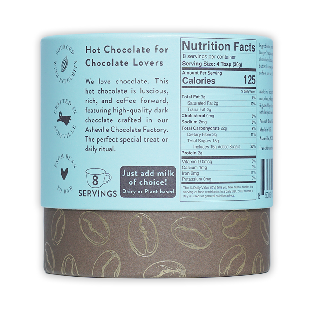 French Broad Mocha Hot Chocolate light blue cylindrical can with gold coffee beans