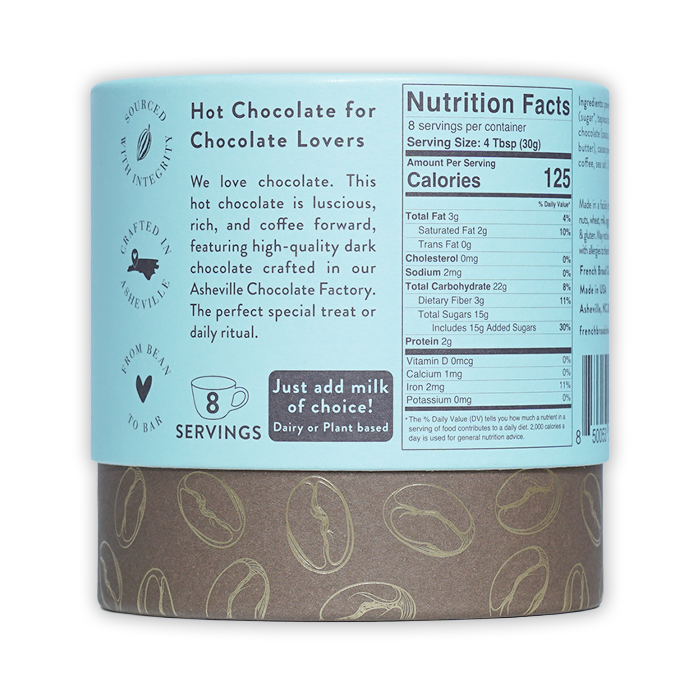 French Broad Mocha Hot Chocolate light blue cylindrical can with gold coffee beans