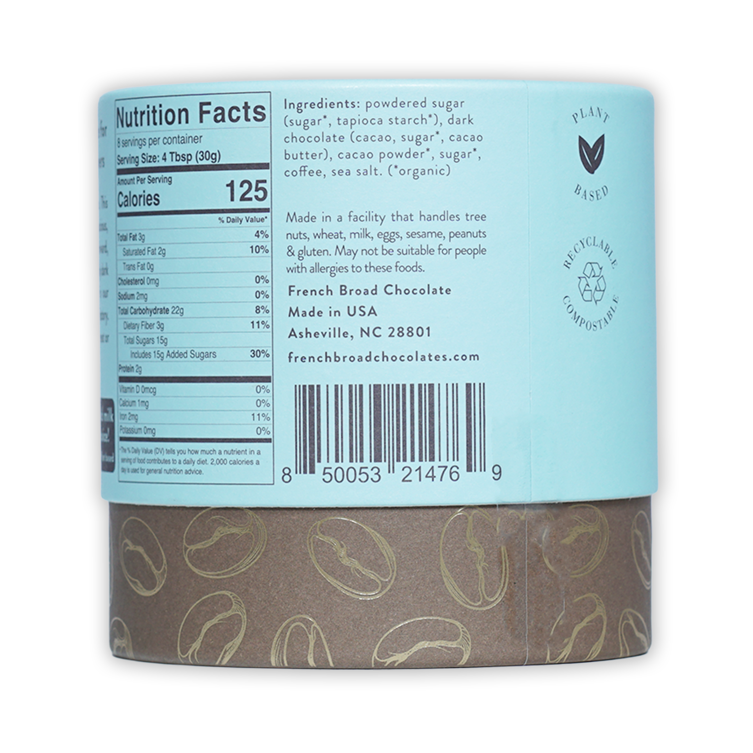 French Broad Mocha Hot Chocolate plant-based light blue cylindrical can with brown base and gold coffee beans