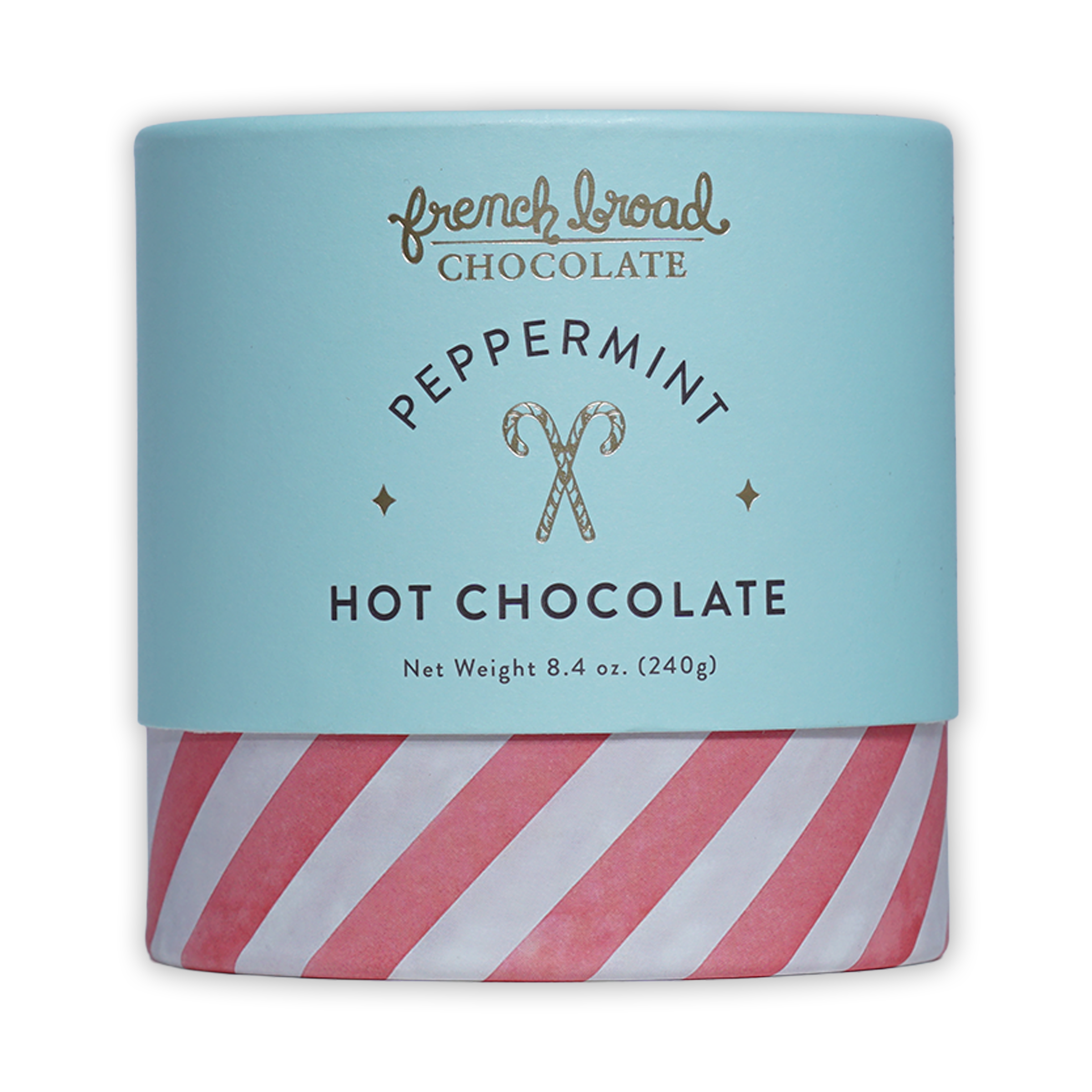 French Broad Peppermint Hot Chocolate in light blue striped canister