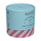 French Broad peppermint hot chocolate in mint green red-striped cylinder