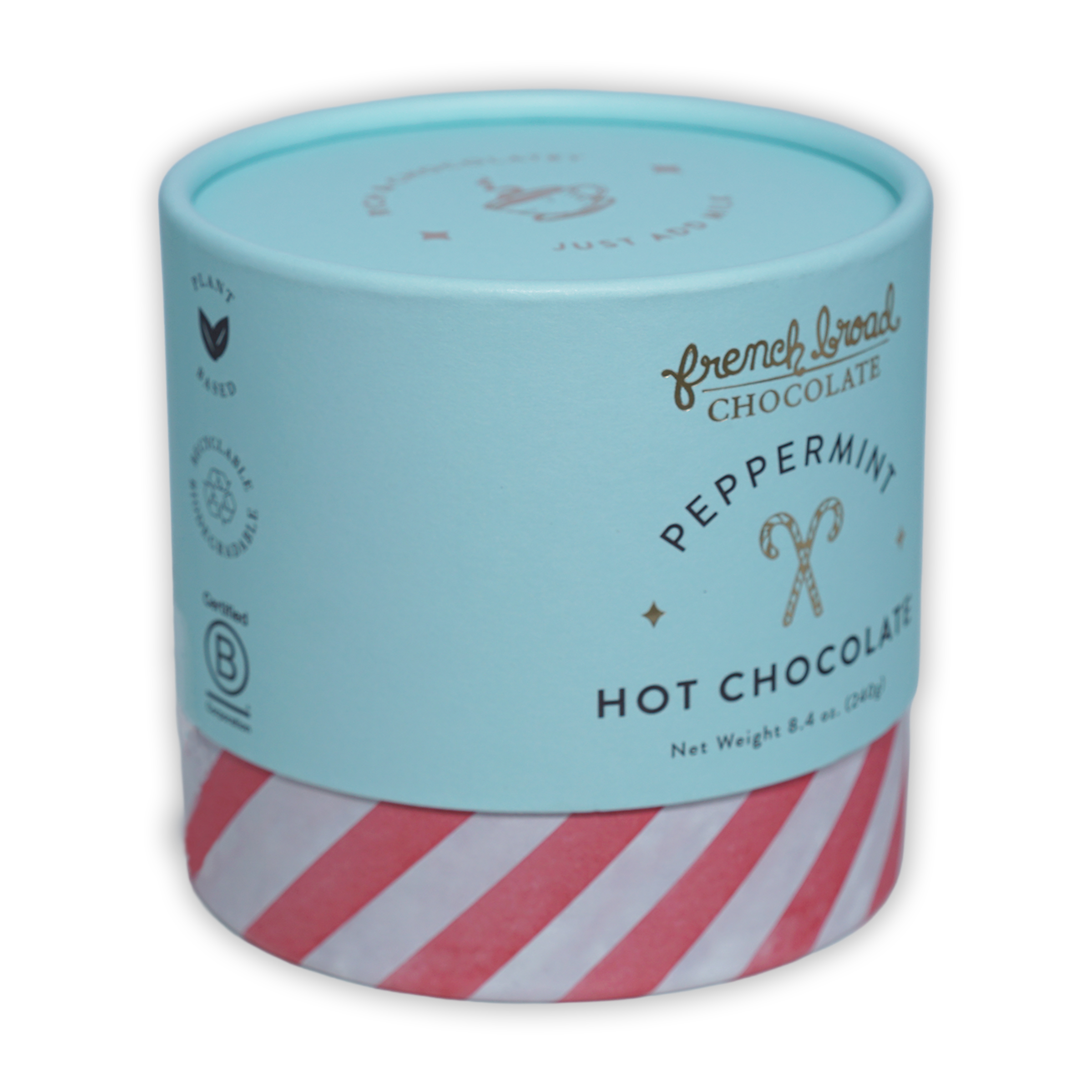 French Broad peppermint hot chocolate in mint green red-striped cylinder