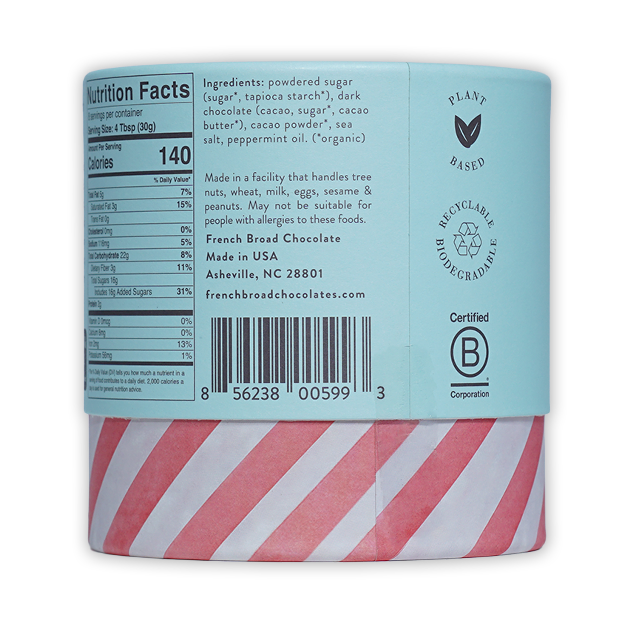 French Broad Peppermint Hot Chocolate in light blue cylinder with red white stripes