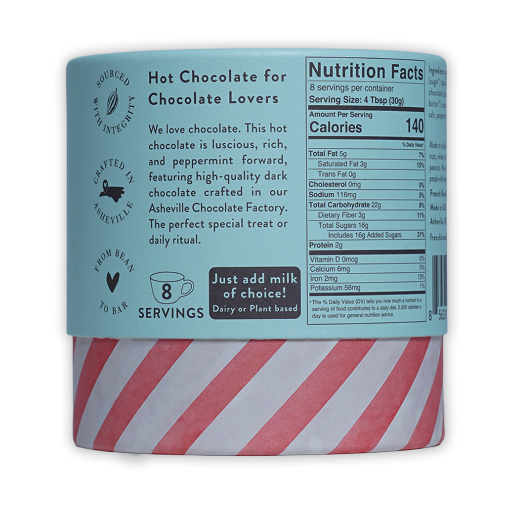 French Broad Peppermint Hot Chocolate: cylindrical can with light blue label and red-white striped base