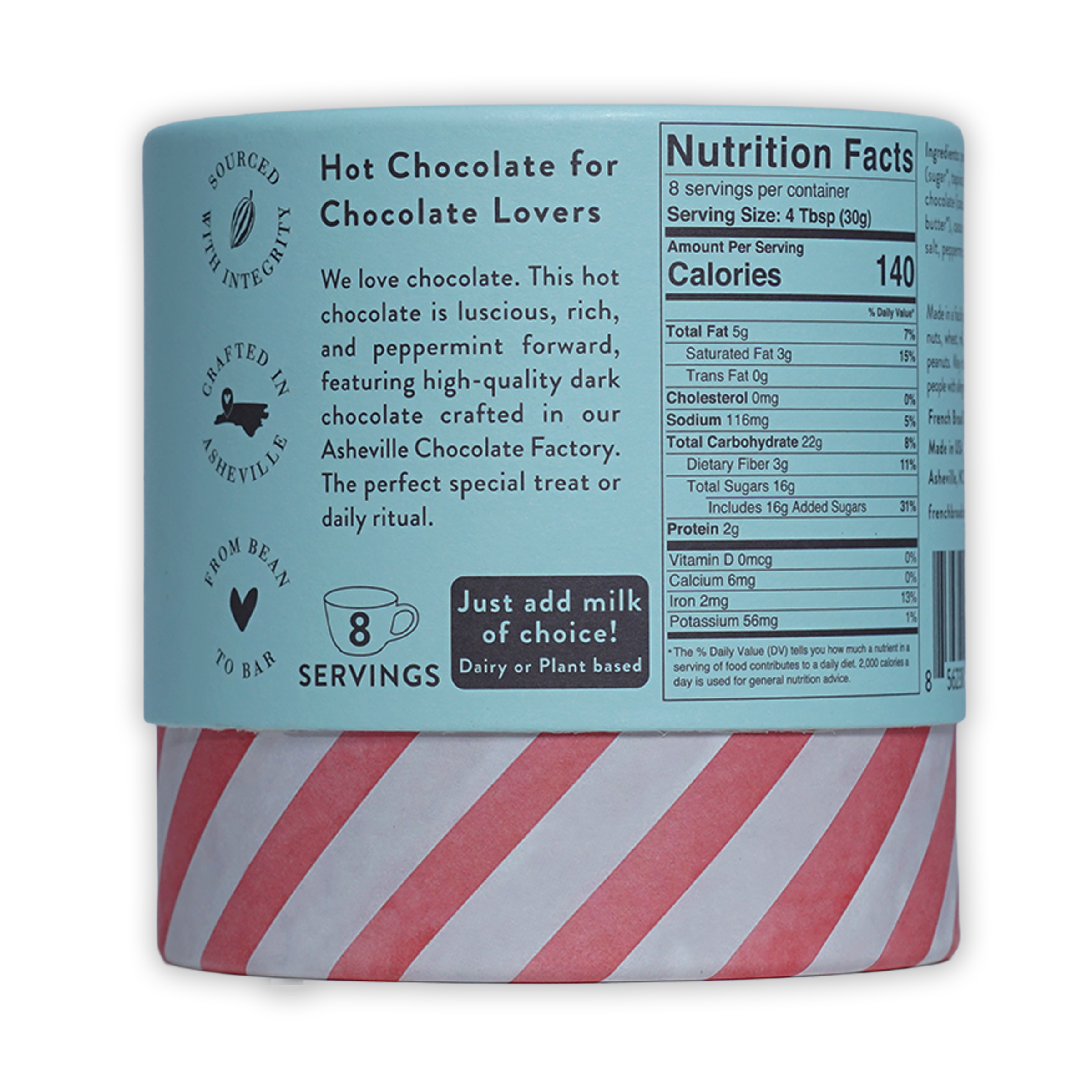French Broad Peppermint Hot Chocolate: cylindrical can with light blue label and red-white striped base