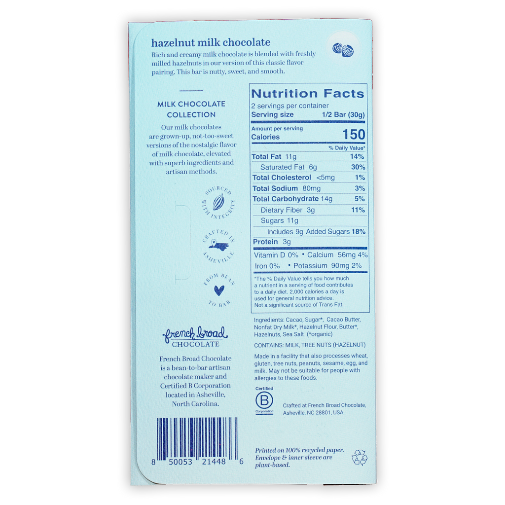 French Broad hazelnut milk chocolate 45% light blue package